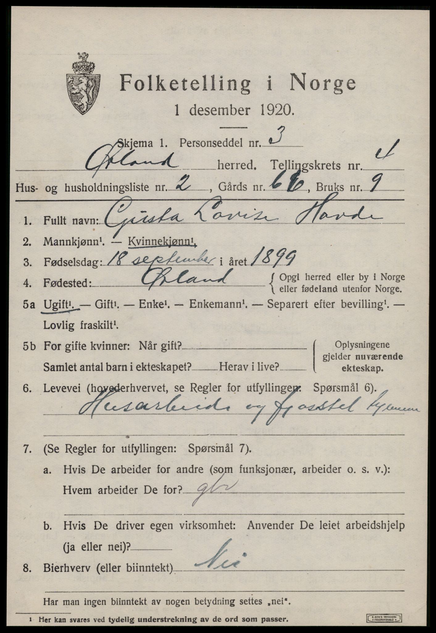 SAT, 1920 census for Ørland, 1920, p. 3401