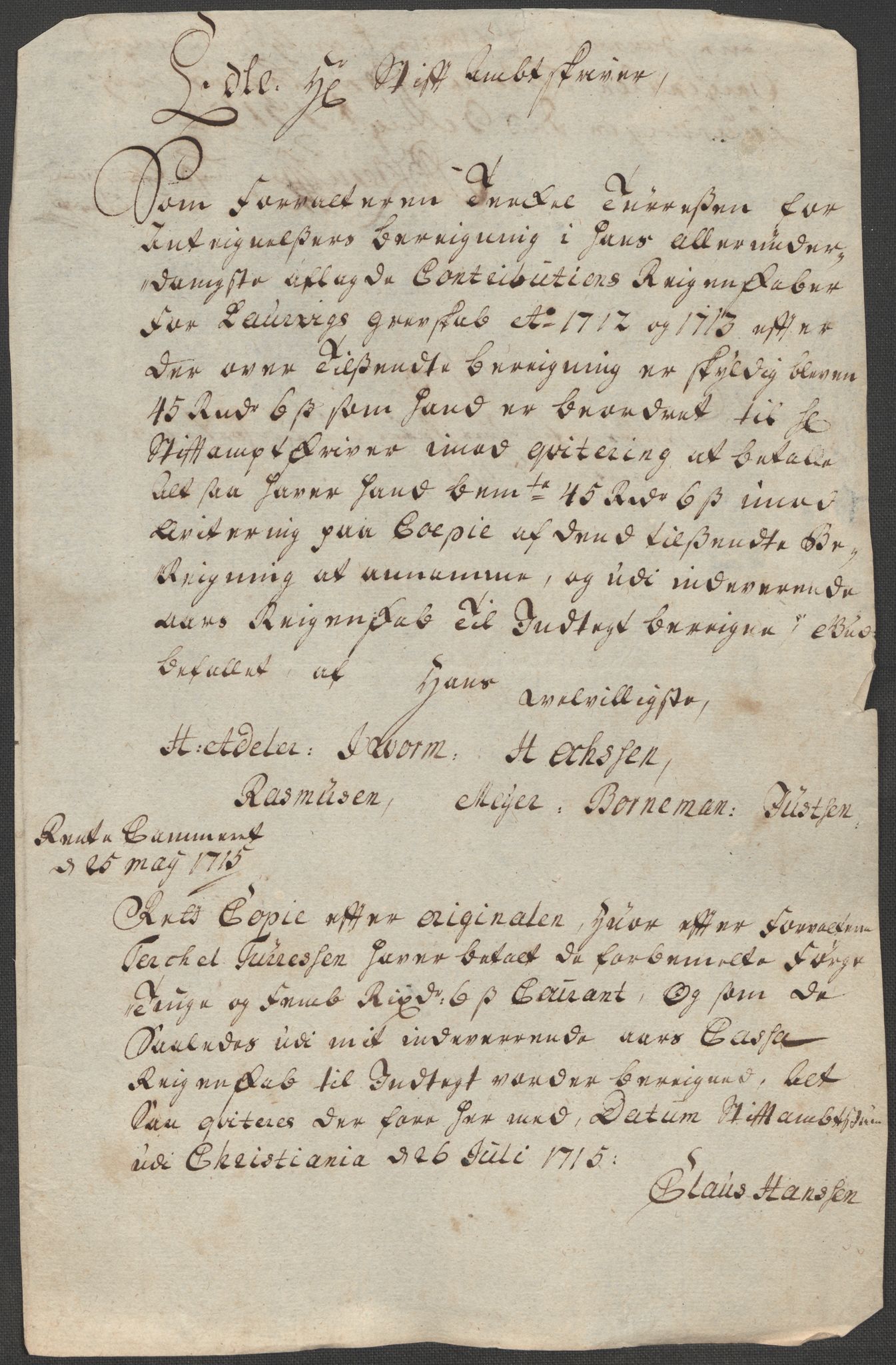 Rentekammeret inntil 1814, Reviderte regnskaper, Fogderegnskap, AV/RA-EA-4092/R33/L1986: Fogderegnskap Larvik grevskap, 1714-1715, p. 511