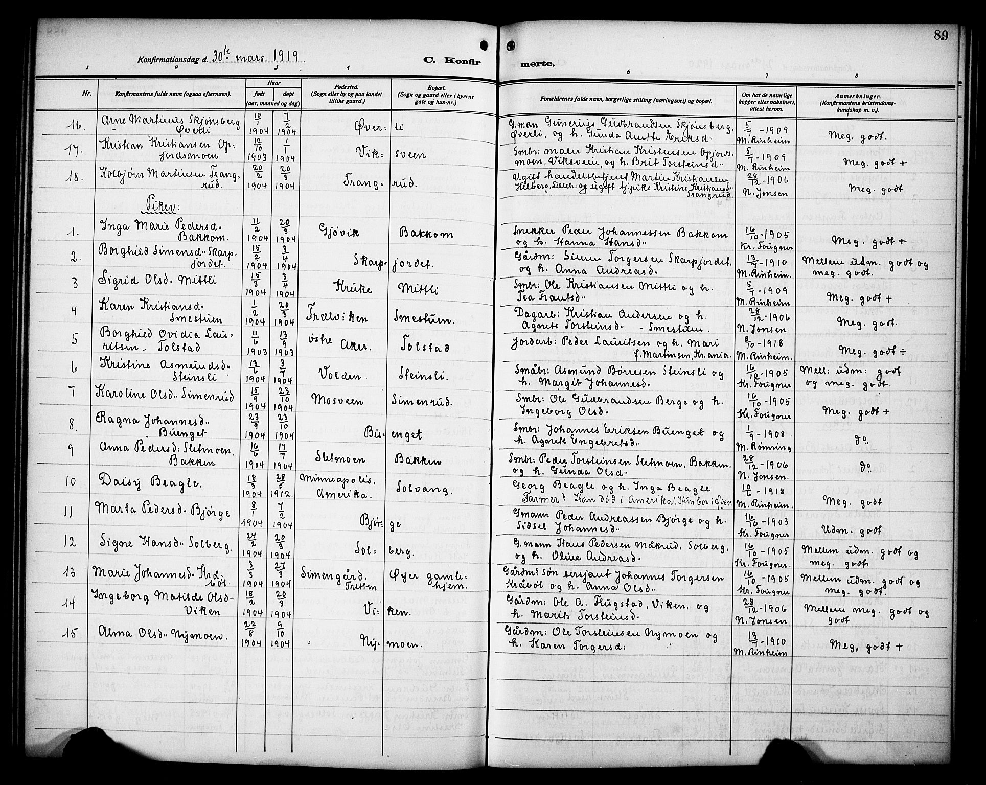 Øyer prestekontor, SAH/PREST-084/H/Ha/Hab/L0007: Parish register (copy) no. 7, 1913-1928, p. 89