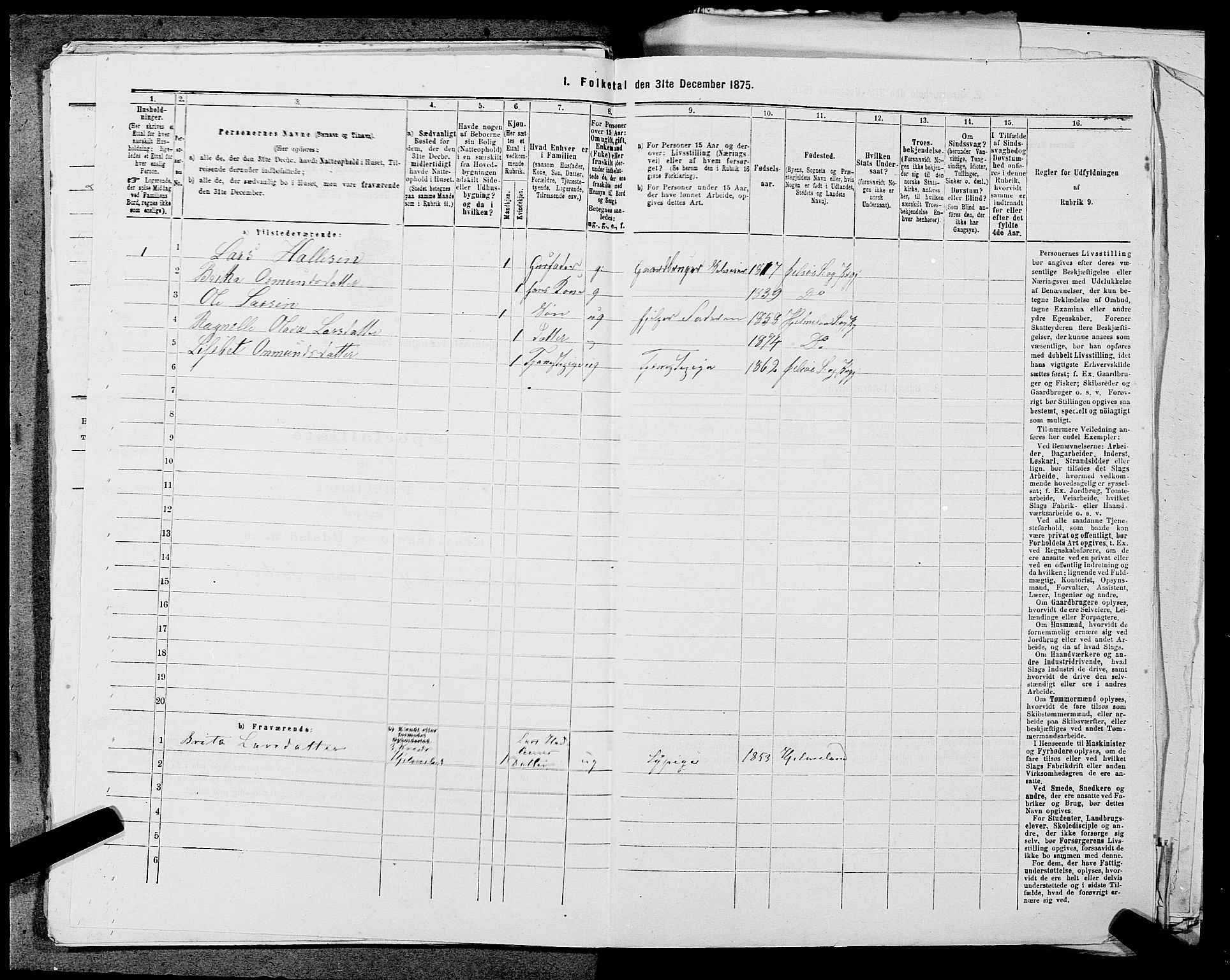 SAST, 1875 census for 1133P Hjelmeland, 1875, p. 312