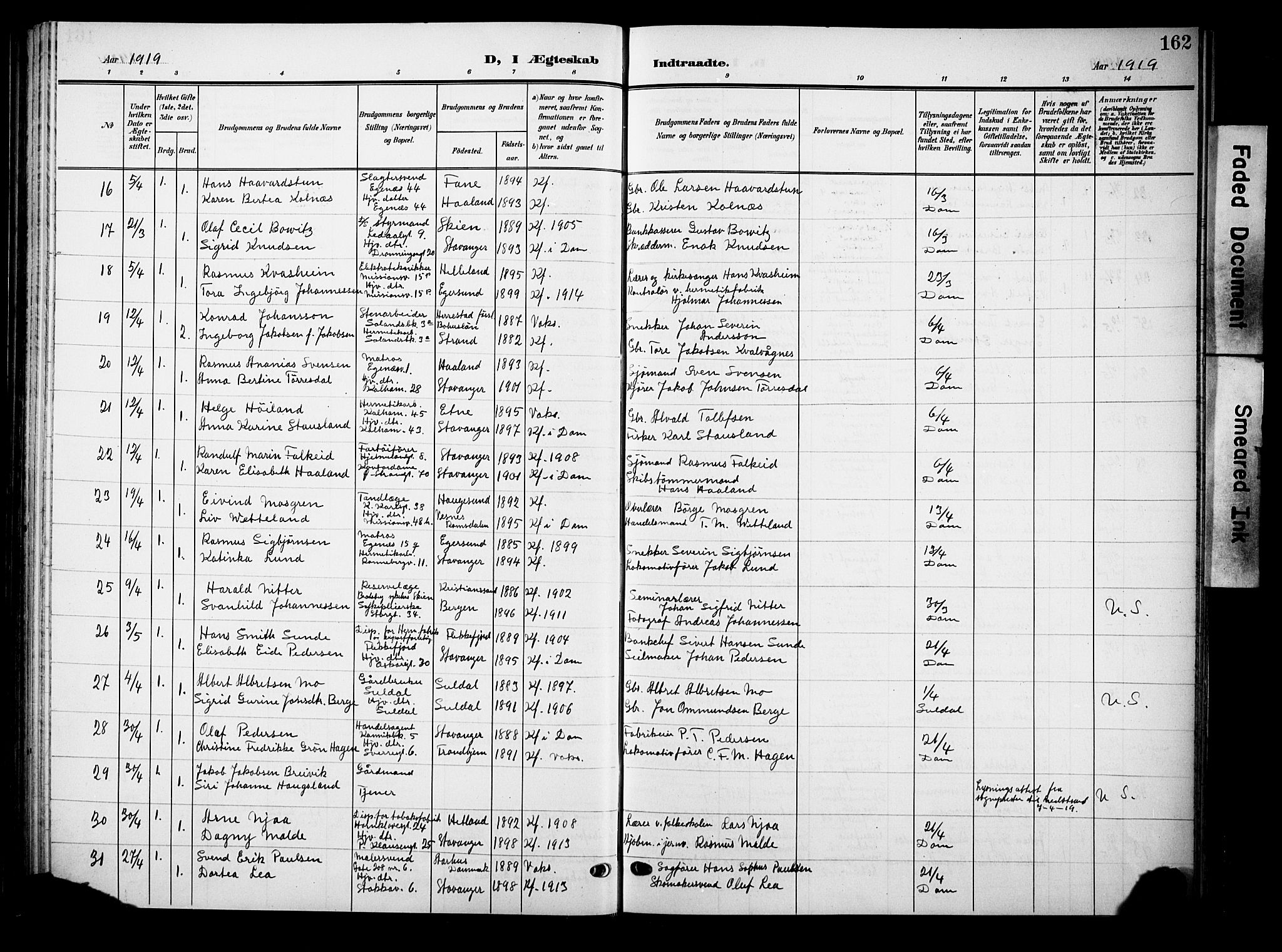 Domkirken sokneprestkontor, AV/SAST-A-101812/001/30/30BB/L0017: Parish register (copy) no. B 17, 1902-1921, p. 162