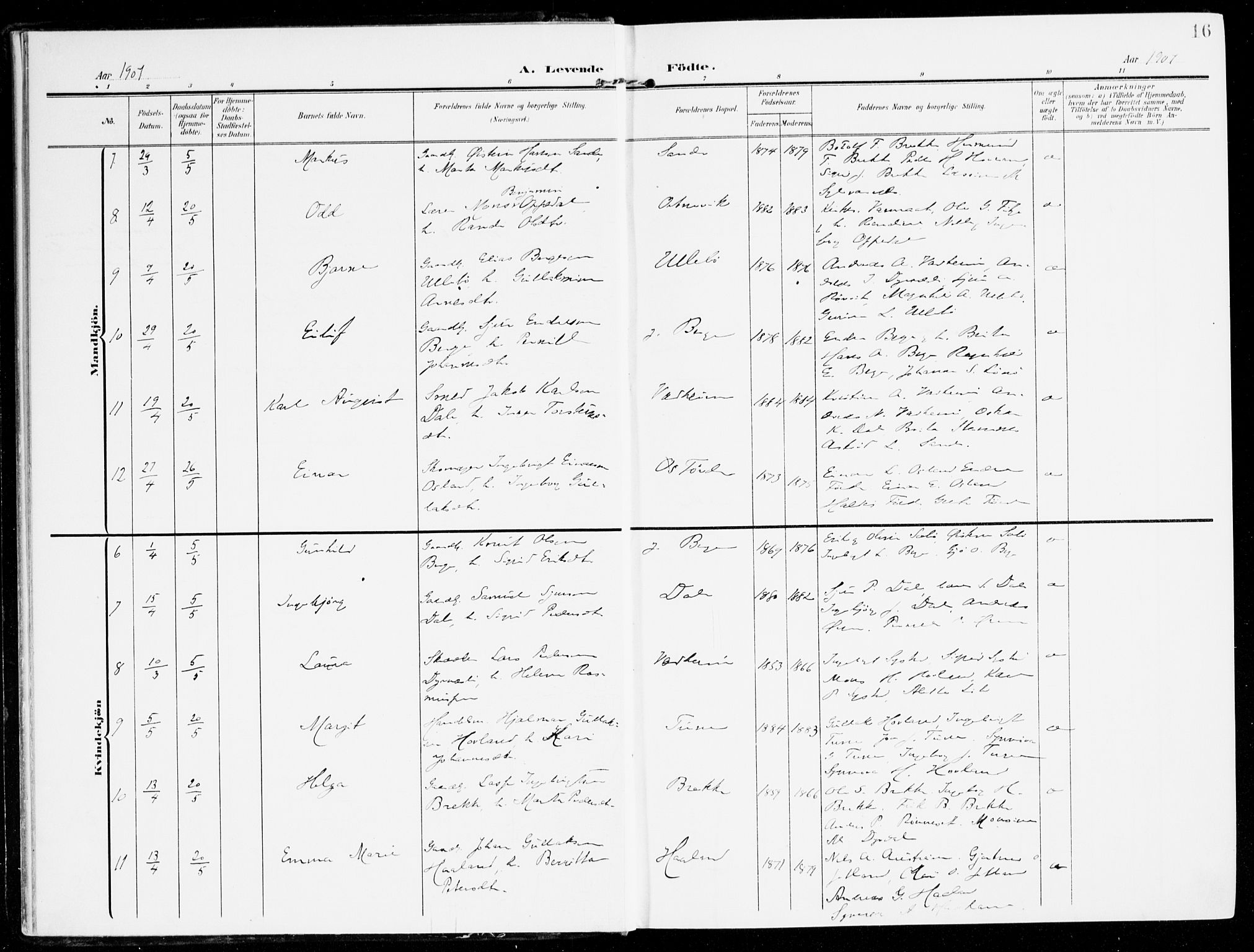 Lavik sokneprestembete, AV/SAB-A-80901: Parish register (official) no. C 2, 1904-1921, p. 16