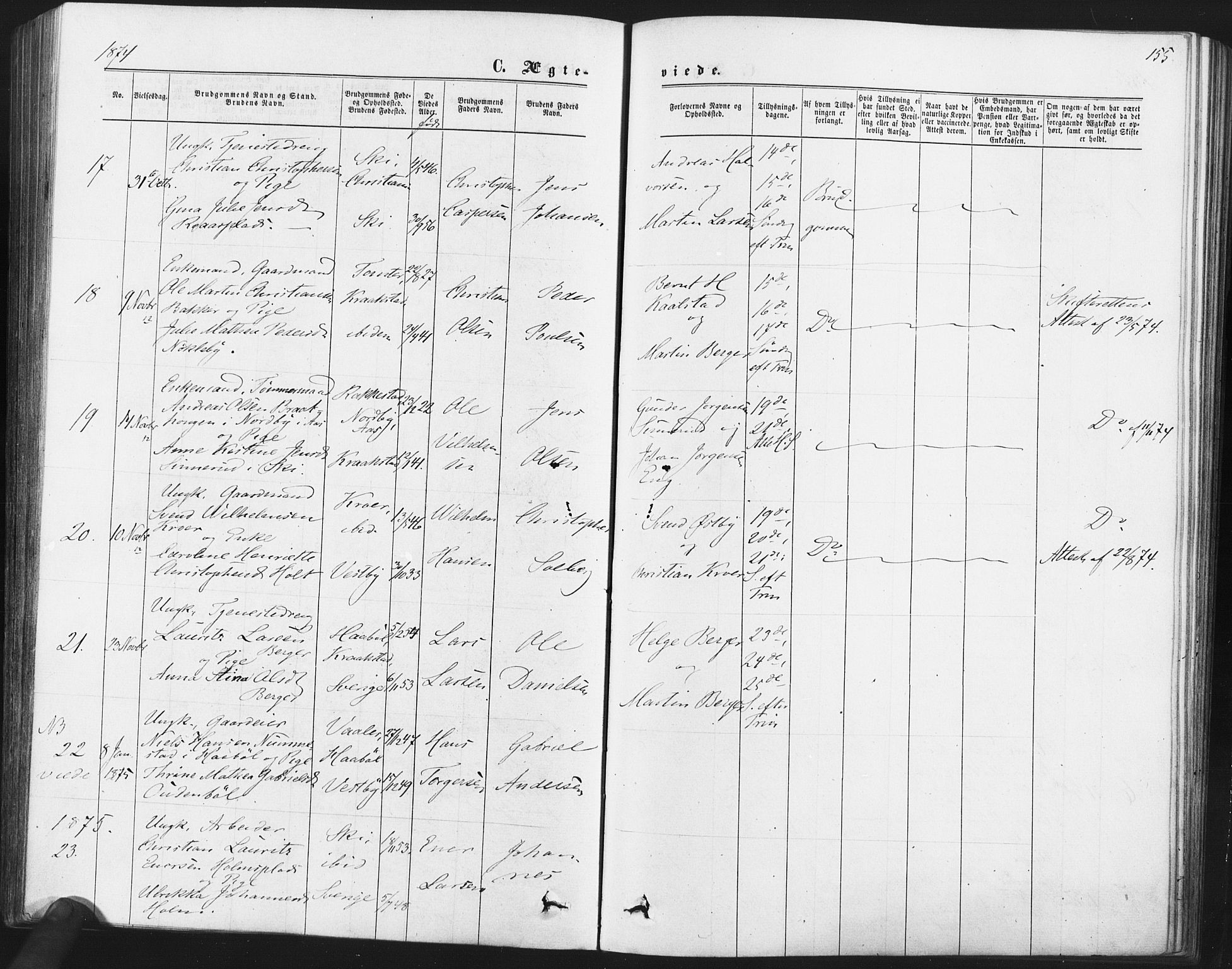 Kråkstad prestekontor Kirkebøker, AV/SAO-A-10125a/F/Fa/L0008: Parish register (official) no. I 8, 1870-1879, p. 155