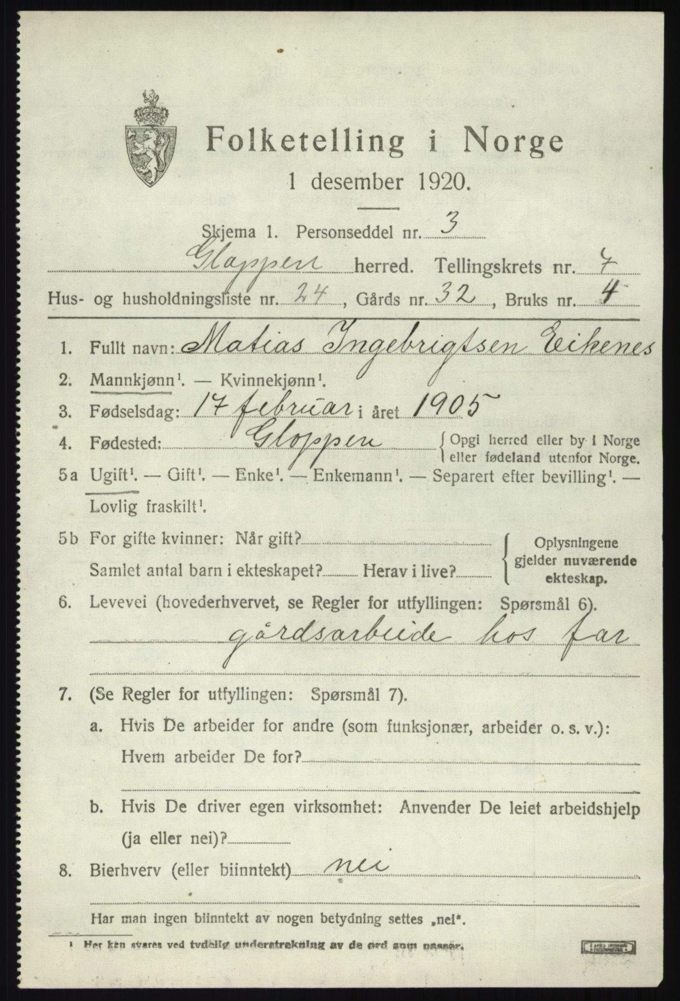 SAB, 1920 census for Gloppen, 1920, p. 4380