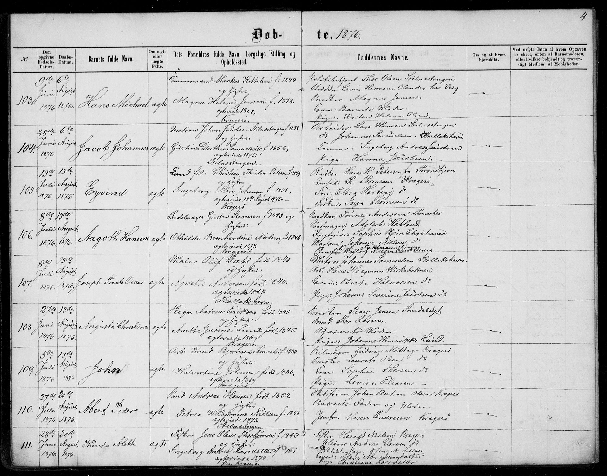 Kragerø kirkebøker, AV/SAKO-A-278/G/Ga/L0006: Parish register (copy) no. 6, 1876-1881, p. 4