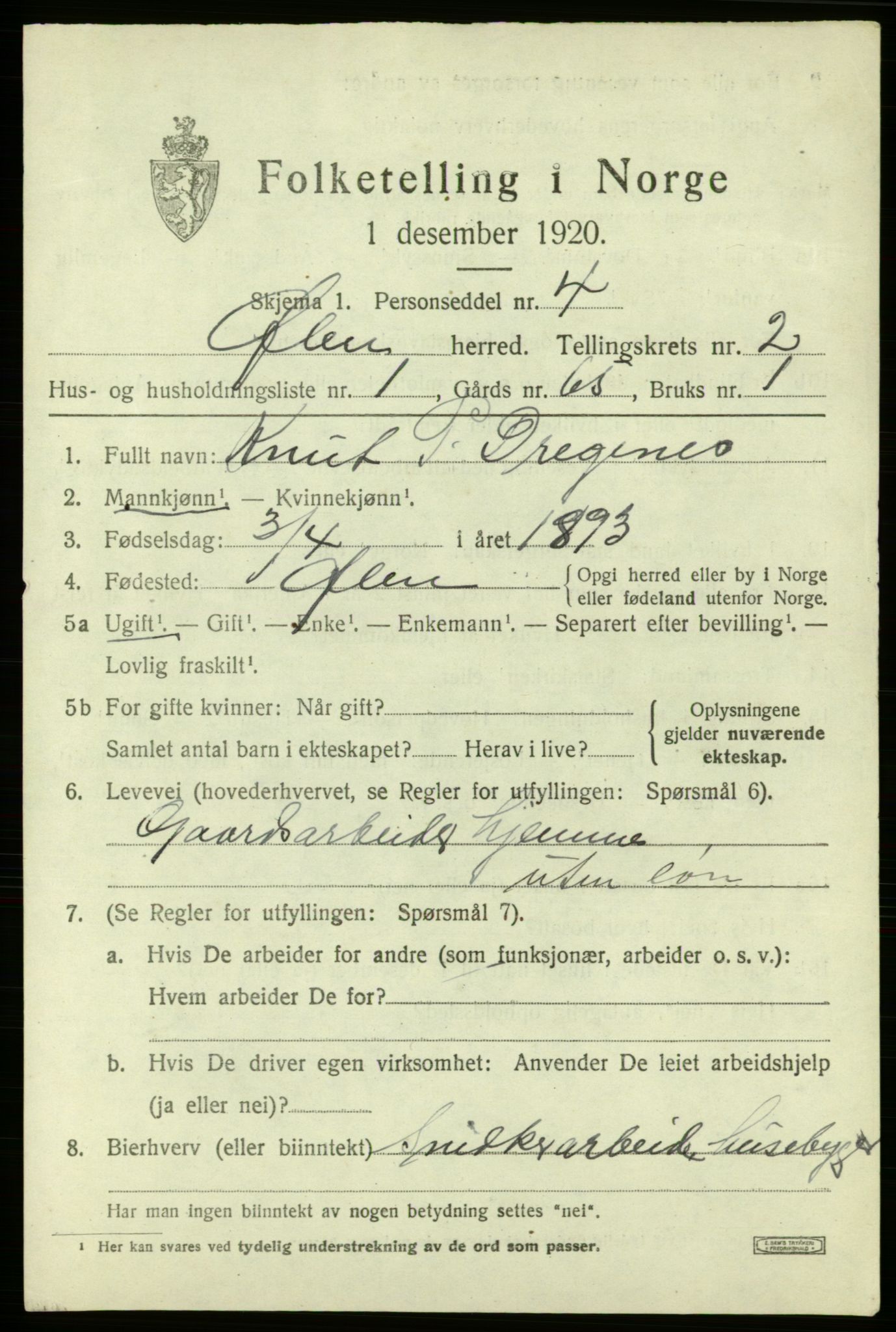 SAB, 1920 census for Ølen, 1920, p. 909