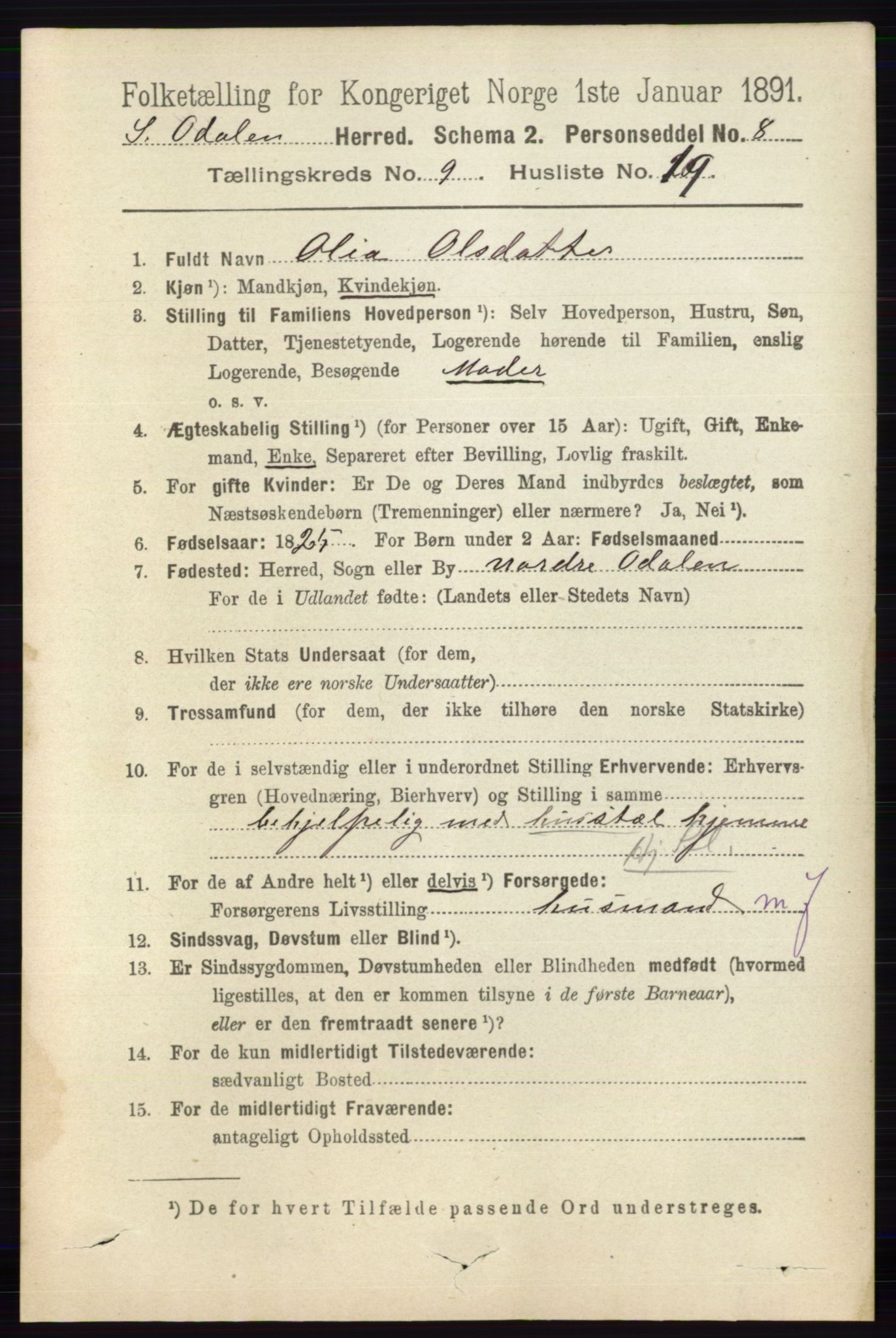 RA, 1891 census for 0419 Sør-Odal, 1891, p. 4271