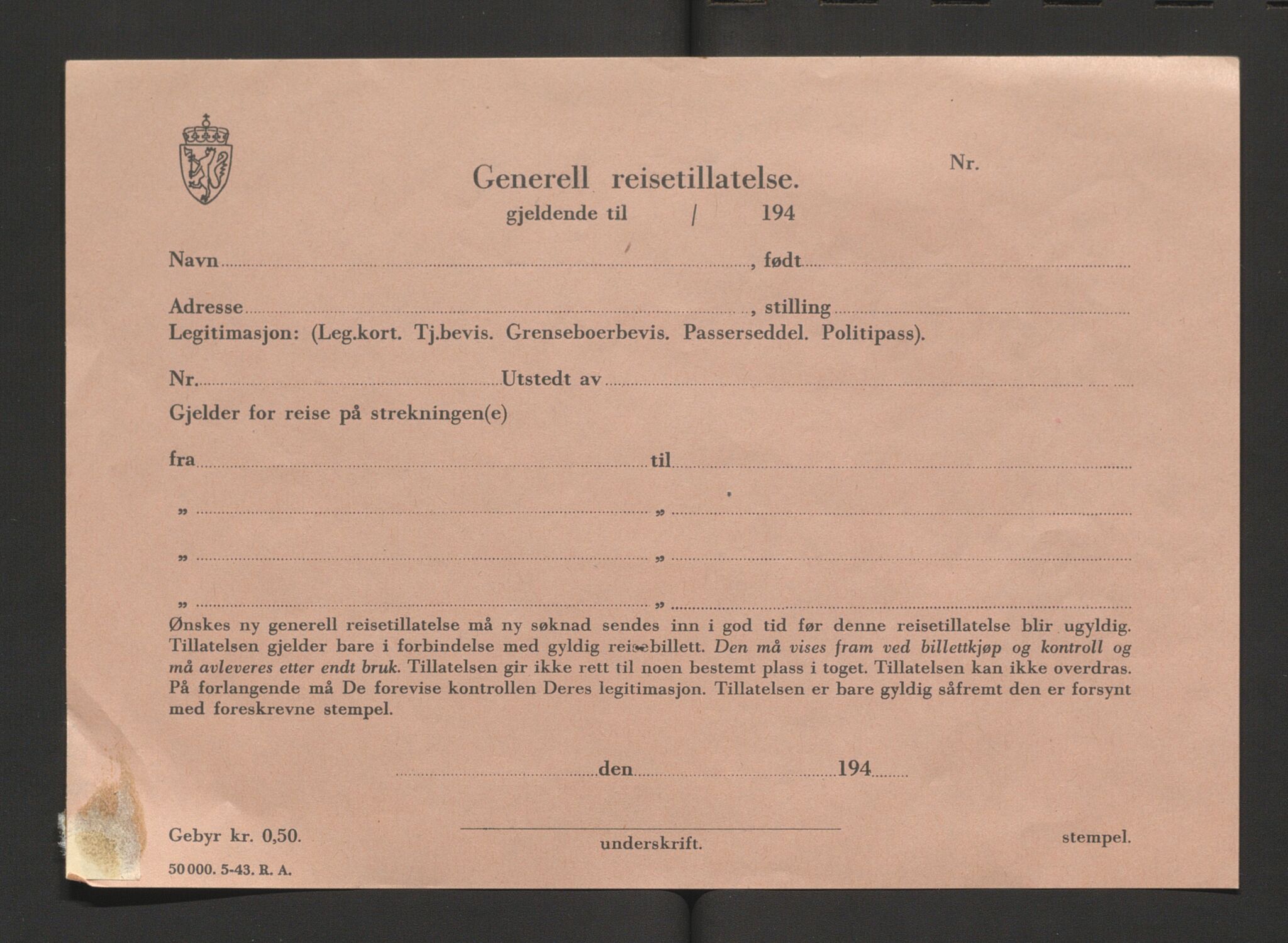 Glemmen lensmannskontor, AV/SAO-A-10123/I/Ic/Ica/L0002: Protokoll over utstedte nordiske reisekort (1939-1940) og utstedte reisetillatelser med jernbanen (1943), 1939-1943