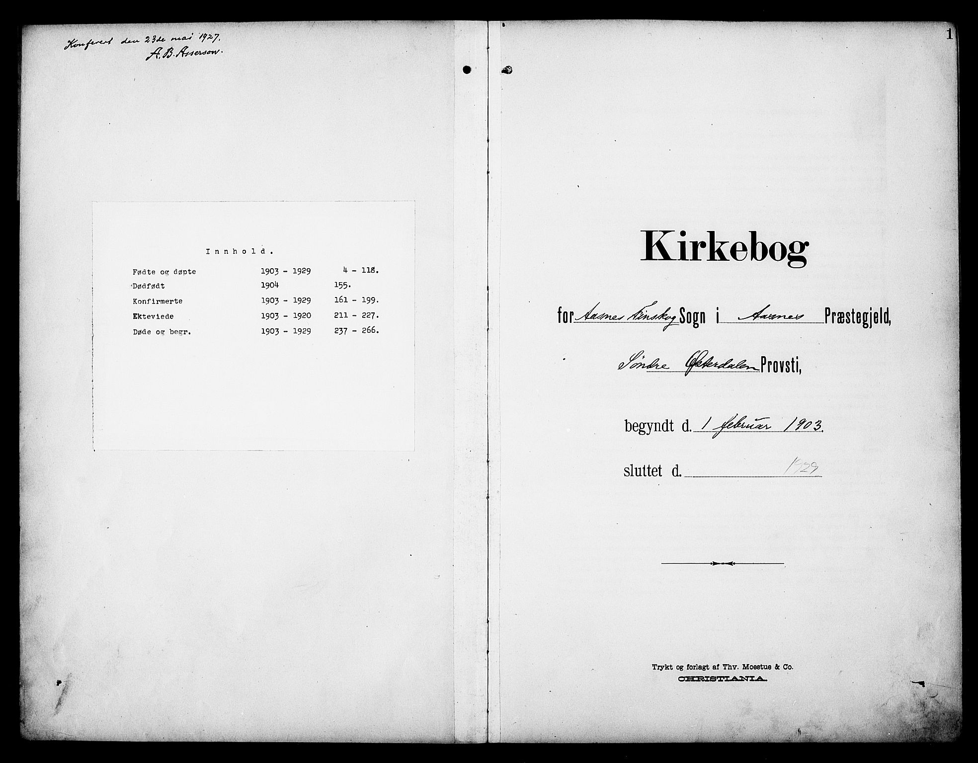 Åsnes prestekontor, SAH/PREST-042/H/Ha/Hab/L0006: Parish register (copy) no. 6, 1903-1929, p. 1