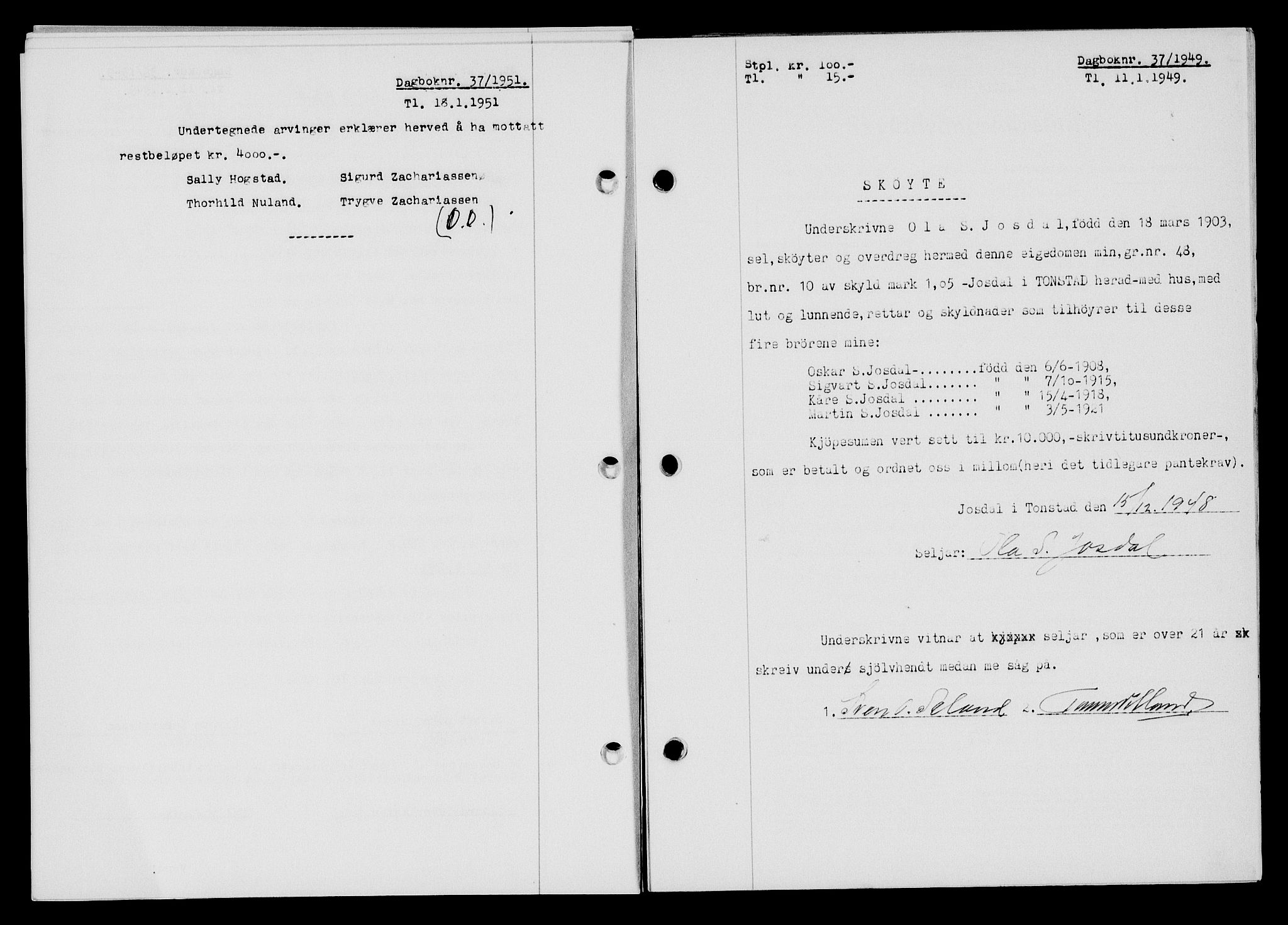 Flekkefjord sorenskriveri, SAK/1221-0001/G/Gb/Gba/L0064: Mortgage book no. A-12, 1948-1949, Diary no: : 37/1949