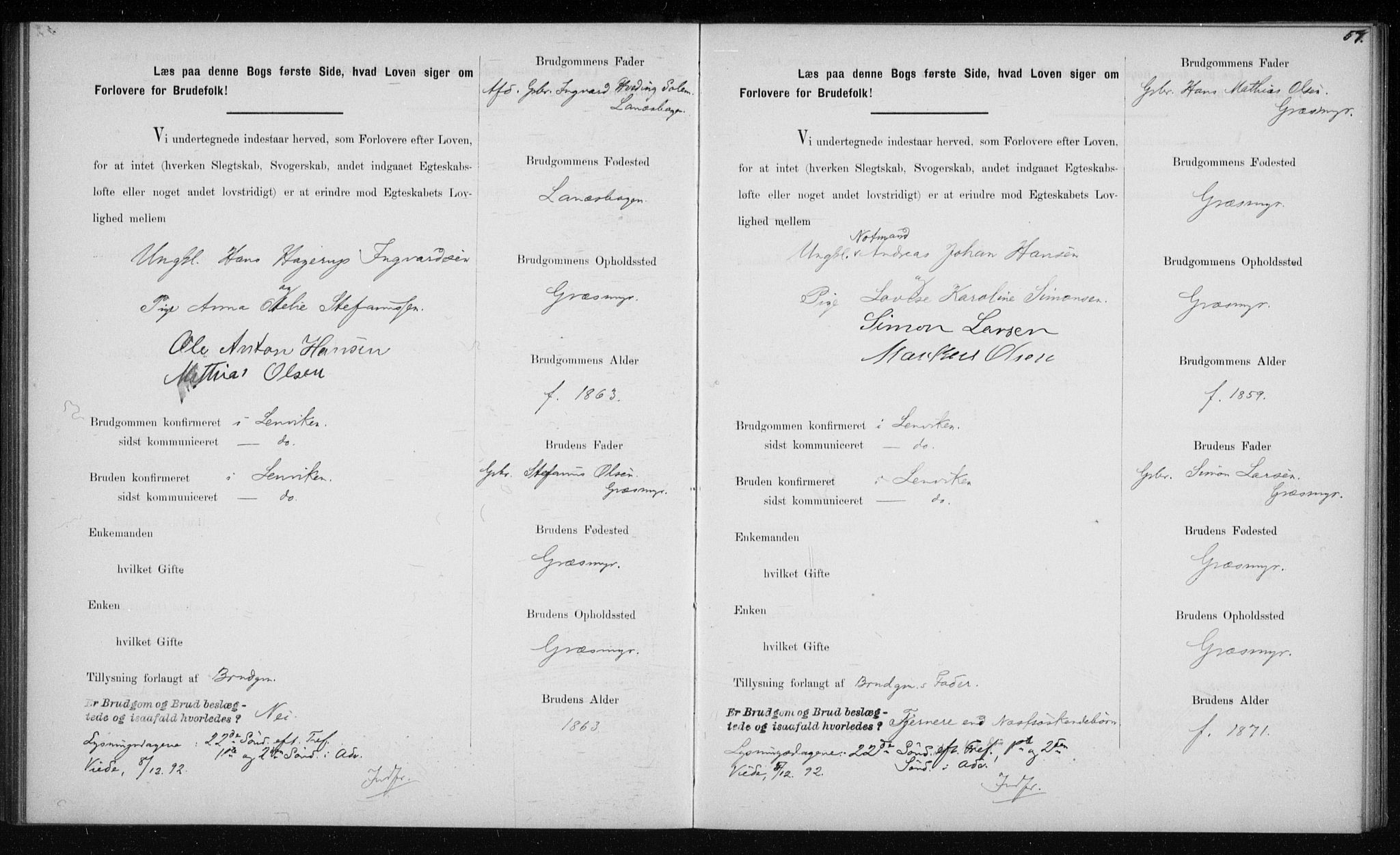 Lenvik sokneprestembete, AV/SATØ-S-1310/I/Ie/L0129: Banns register no. 129, 1890-1895, p. 57
