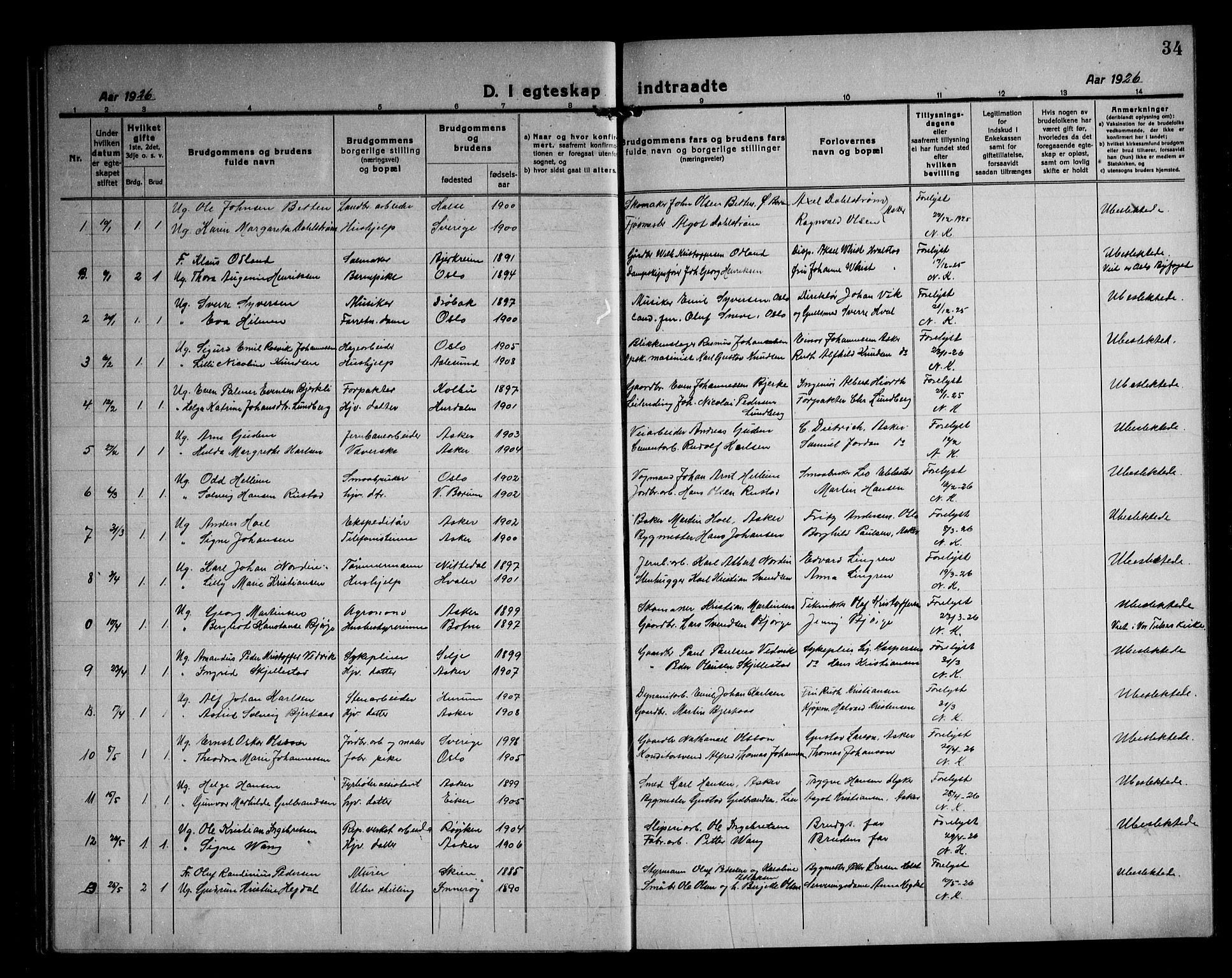 Asker prestekontor Kirkebøker, AV/SAO-A-10256a/F/Fa/L0020: Parish register (official) no. I 20, 1918-1948, p. 34