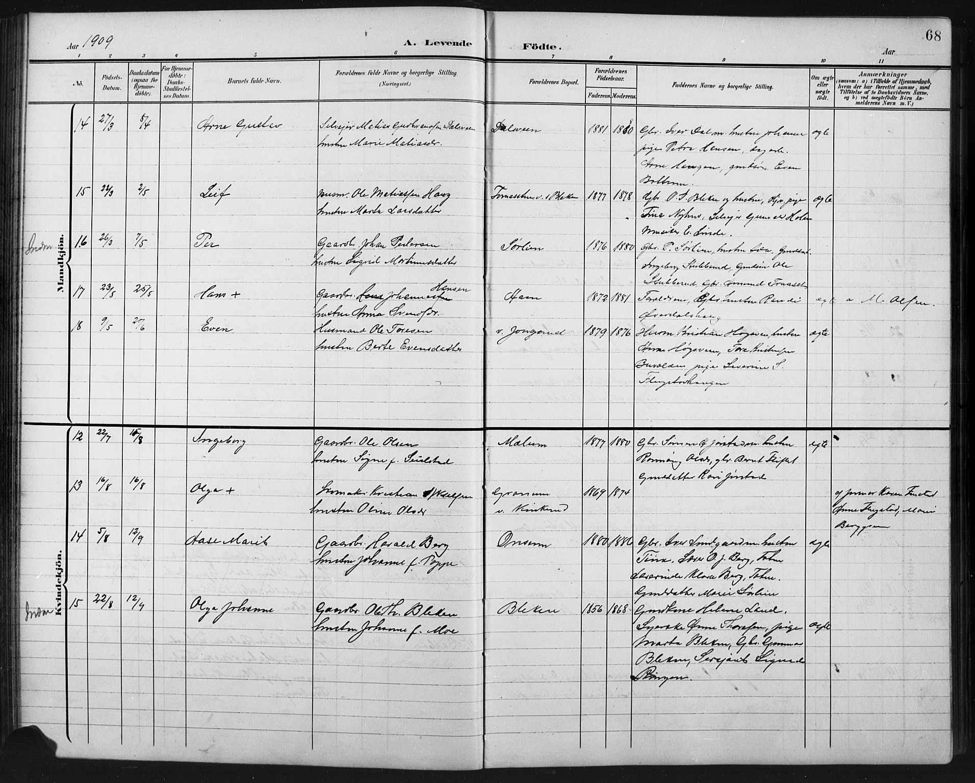 Fåberg prestekontor, AV/SAH-PREST-086/H/Ha/Hab/L0011: Parish register (copy) no. 11, 1901-1921, p. 68