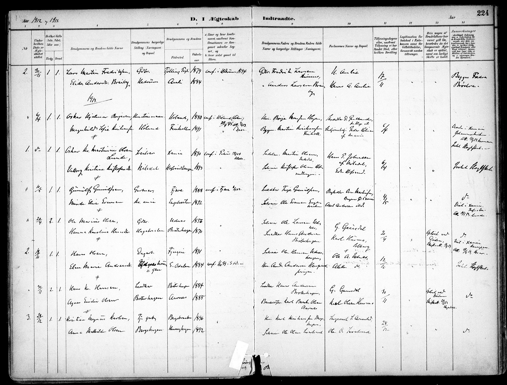 Nes prestekontor Kirkebøker, AV/SAO-A-10410/F/Fc/L0002: Parish register (official) no. IIi 2, 1882-1916, p. 224