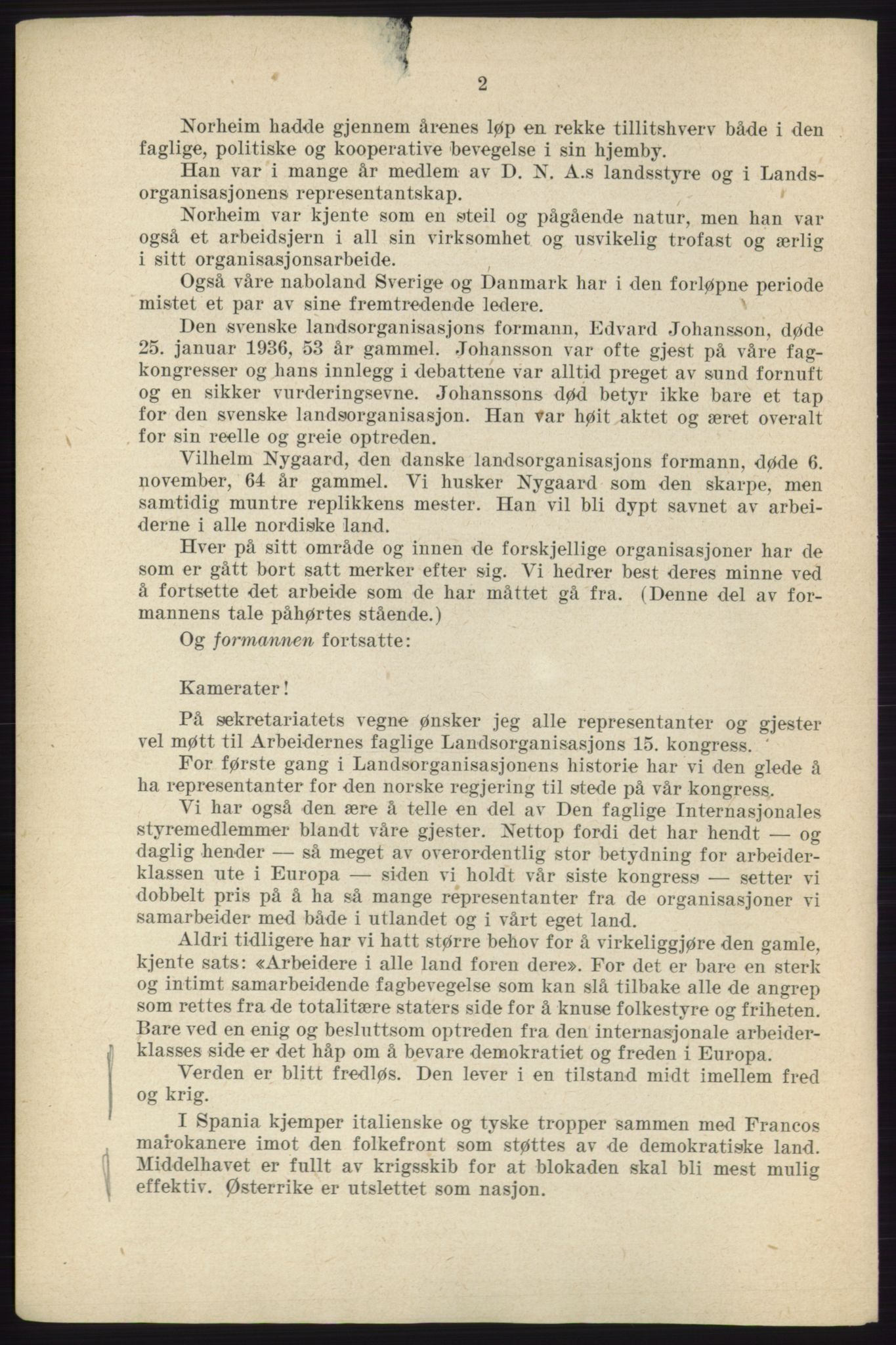 Landsorganisasjonen i Norge - publikasjoner, AAB/-/-/-: Protokoll for Kongressen 1938, 1938, p. 2