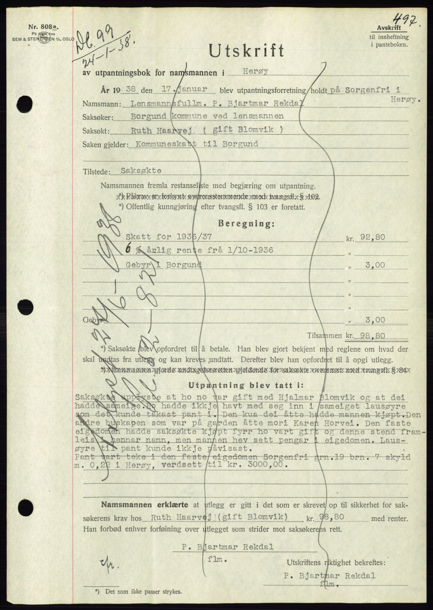 Søre Sunnmøre sorenskriveri, AV/SAT-A-4122/1/2/2C/L0064: Mortgage book no. 58, 1937-1938, Diary no: : 99/1938