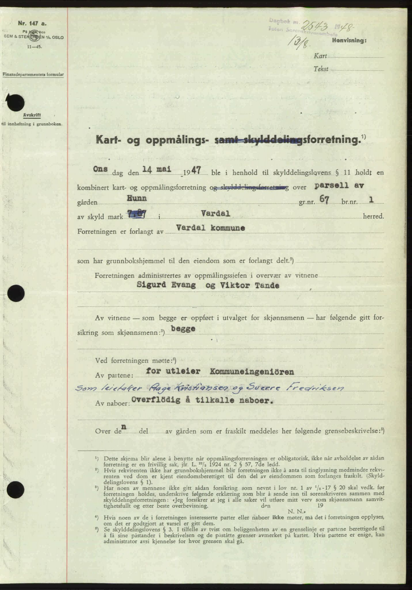 Toten tingrett, SAH/TING-006/H/Hb/Hbc/L0020: Mortgage book no. Hbc-20, 1948-1948, Diary no: : 2543/1948
