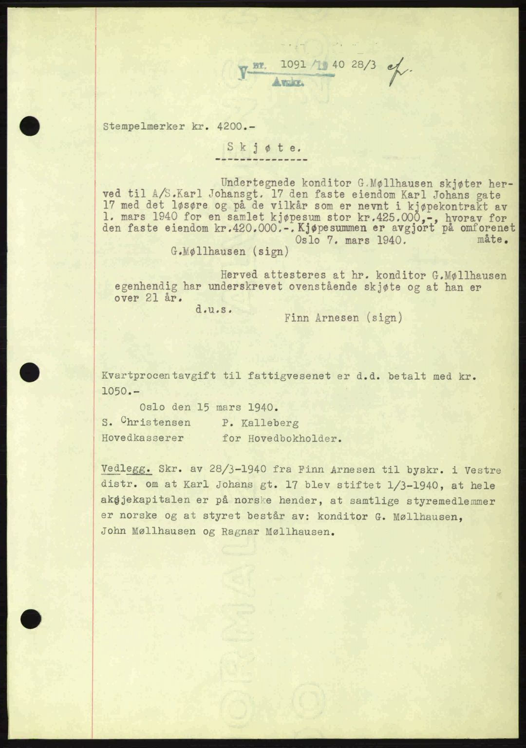 Oslo byskriverembete, AV/SAO-A-10227/G/Gb/Gbb/Gbbb/L0005: Mortgage book no. VA5, 1939-1941, Diary no: : 1091/1940