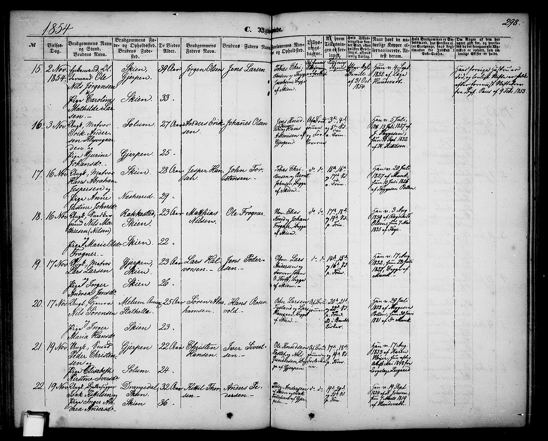 Skien kirkebøker, SAKO/A-302/G/Ga/L0004: Parish register (copy) no. 4, 1843-1867, p. 298
