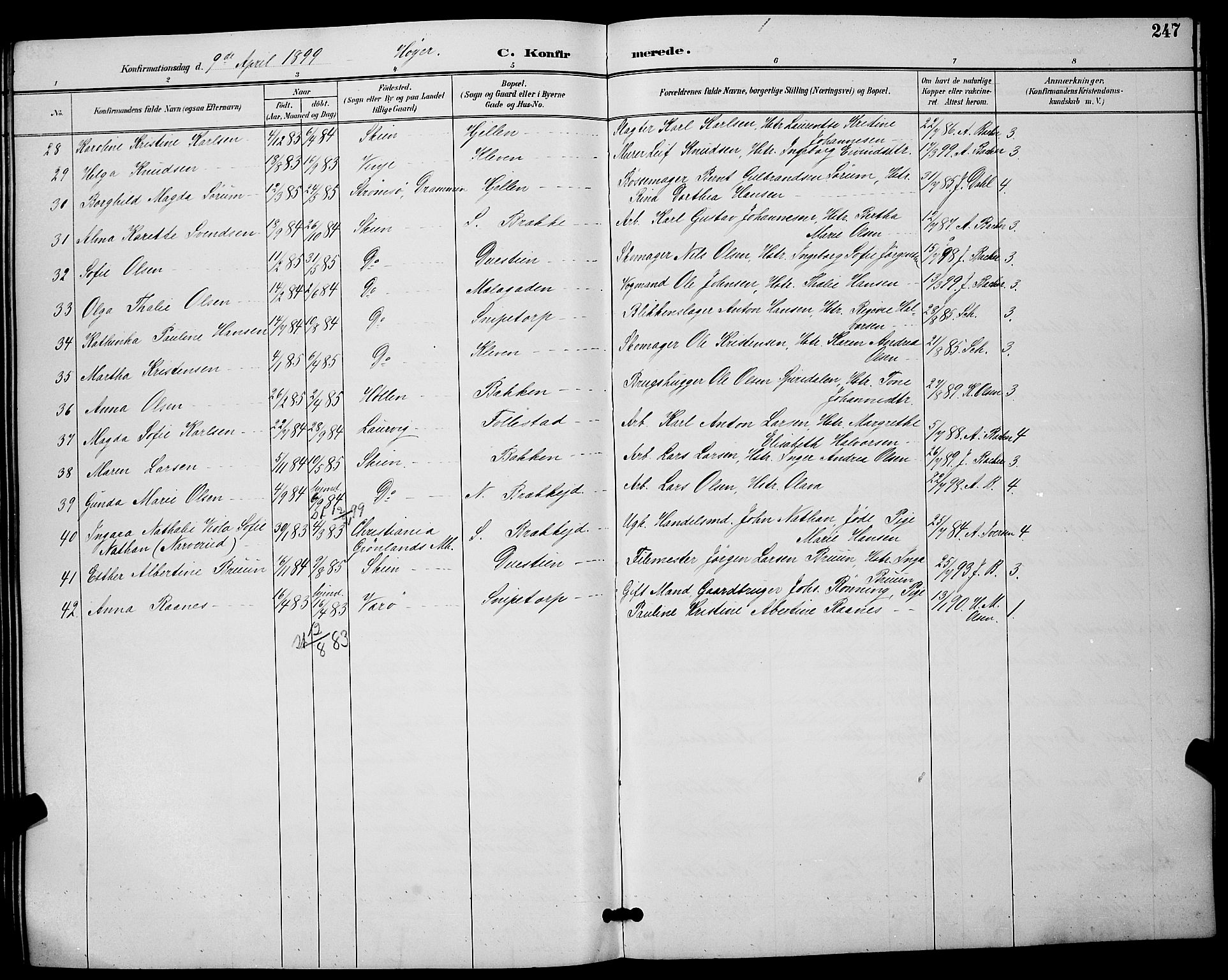 Skien kirkebøker, SAKO/A-302/G/Ga/L0007: Parish register (copy) no. 7, 1891-1900, p. 247