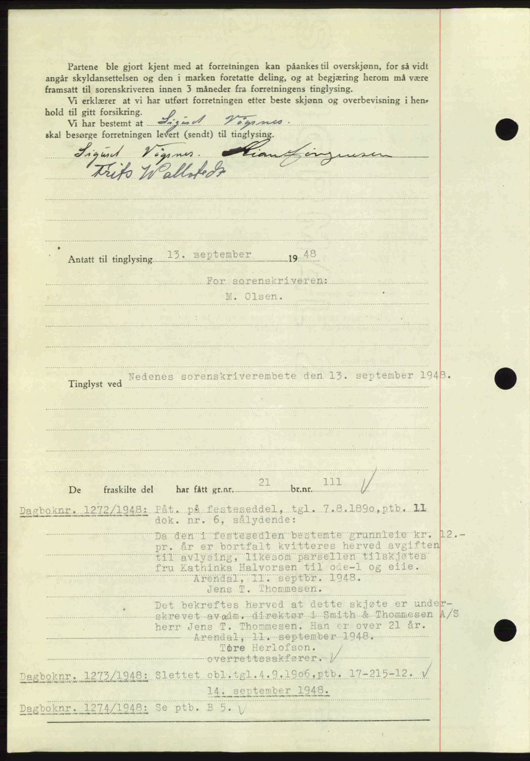 Nedenes sorenskriveri, SAK/1221-0006/G/Gb/Gba/L0059: Mortgage book no. A11, 1948-1948, Diary no: : 1271/1948