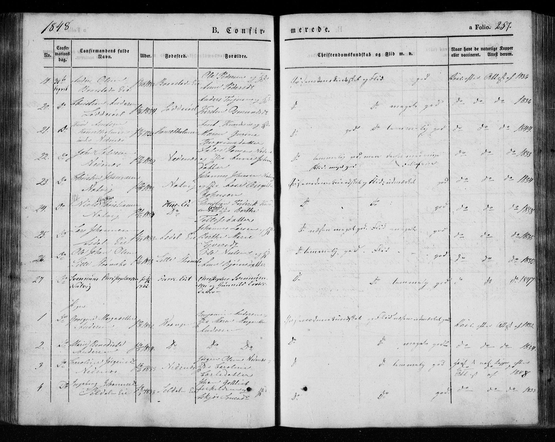 Øyestad sokneprestkontor, AV/SAK-1111-0049/F/Fa/L0014: Parish register (official) no. A 14, 1843-1856, p. 257