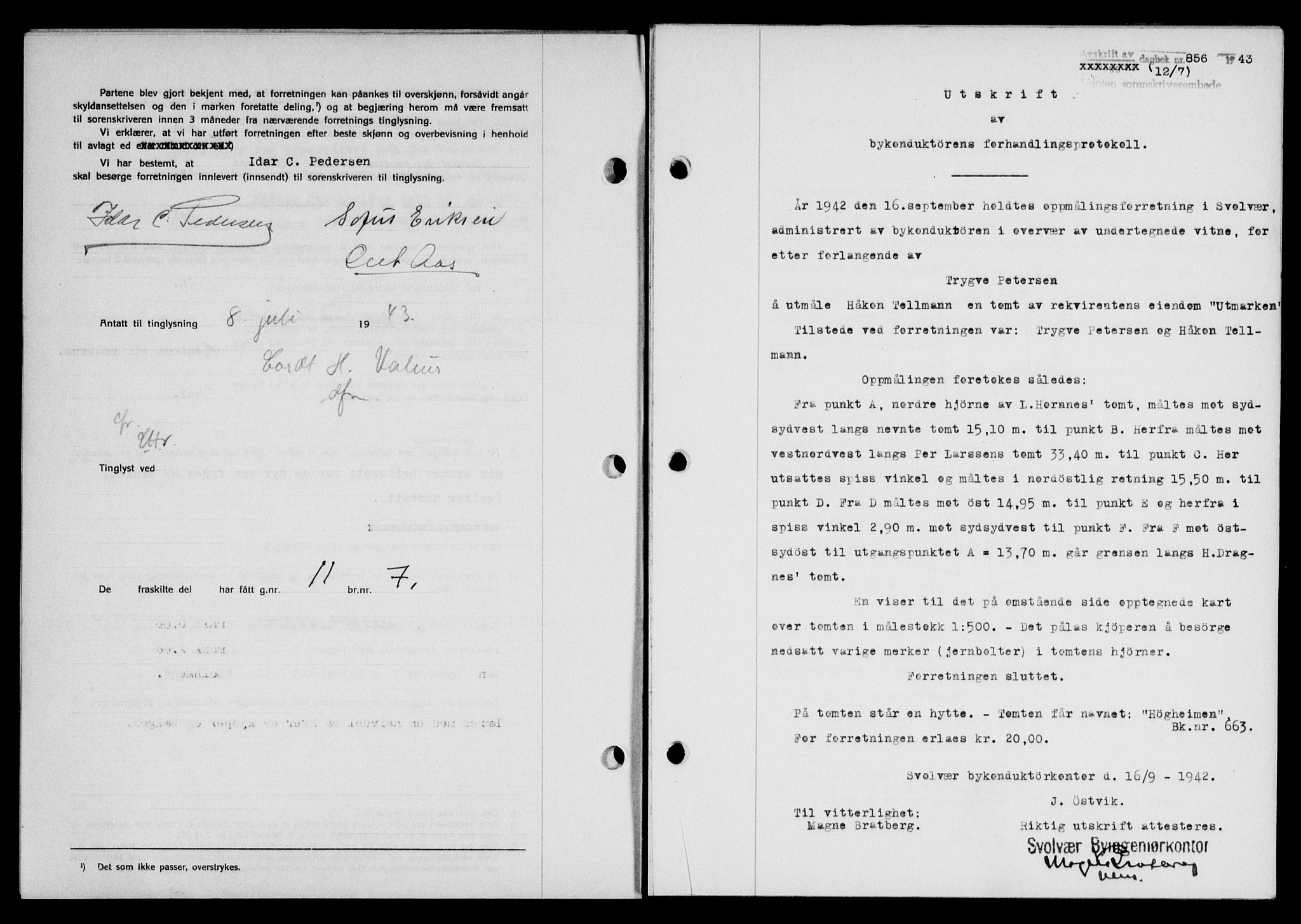 Lofoten sorenskriveri, SAT/A-0017/1/2/2C/L0011a: Mortgage book no. 11a, 1943-1943, Diary no: : 856/1943