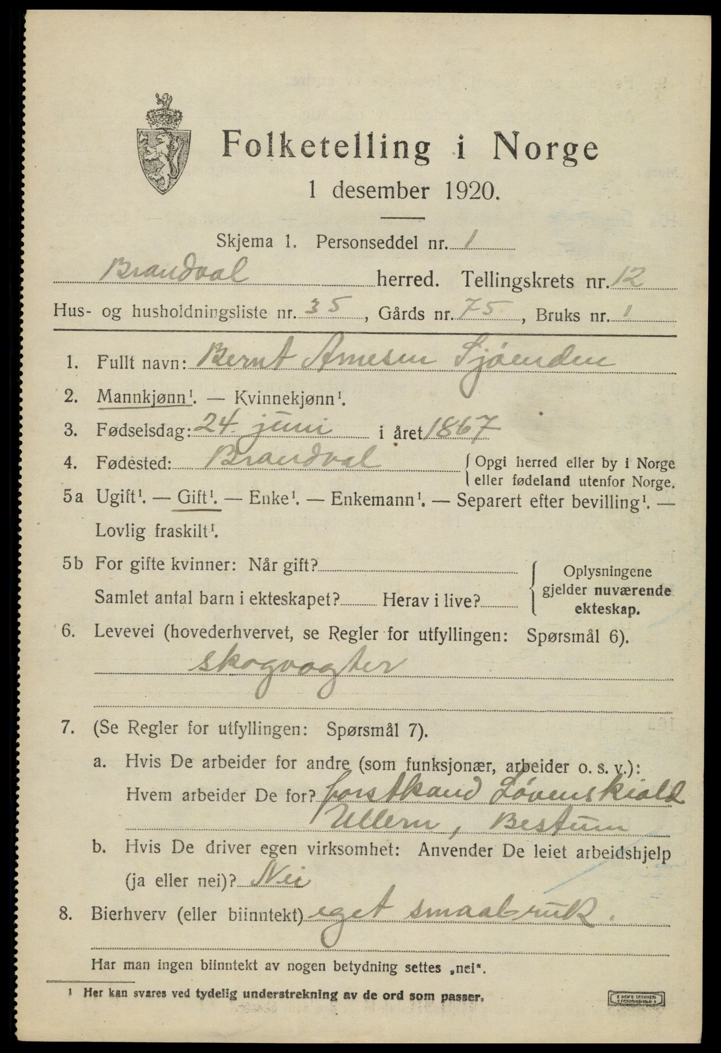 SAH, 1920 census for Brandval, 1920, p. 8838