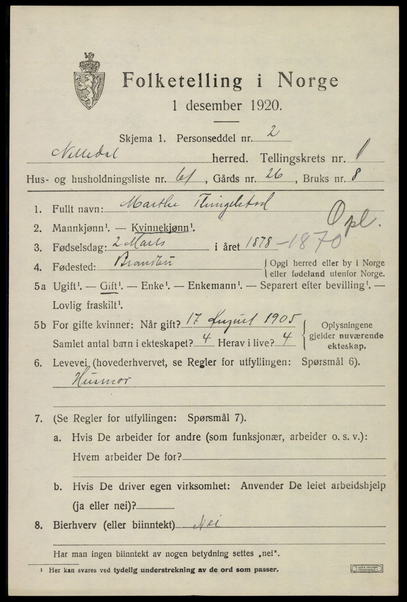 SAO, 1920 census for Nittedal, 1920, p. 1964