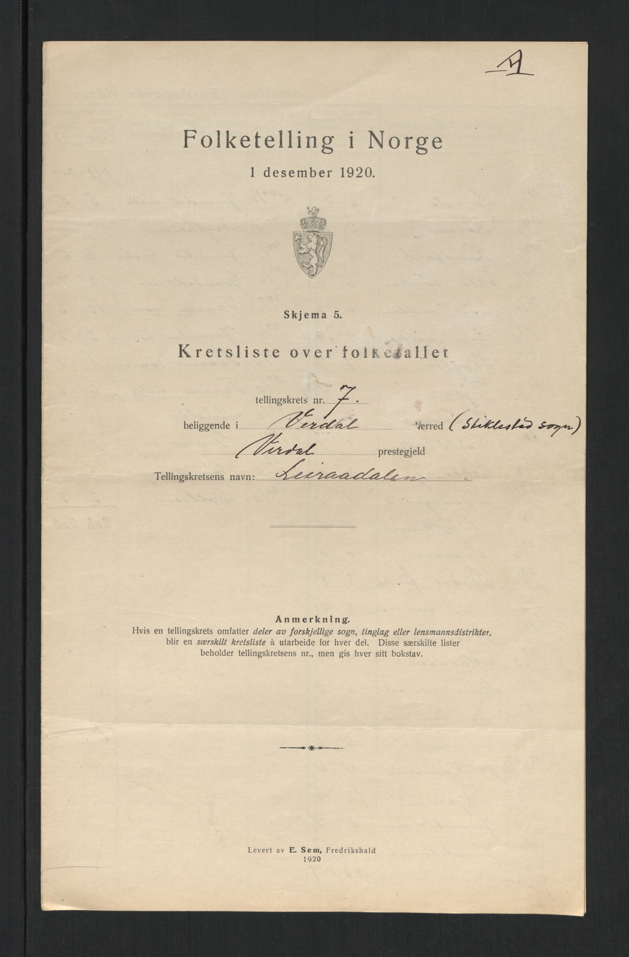 SAT, 1920 census for Verdal, 1920, p. 33