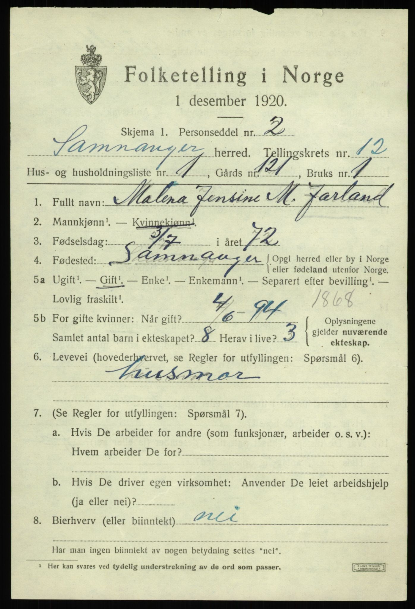 SAB, 1920 census for Samnanger, 1920, p. 4525