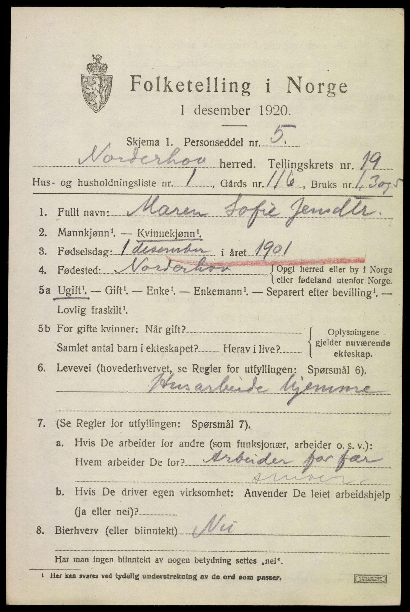 SAKO, 1920 census for Norderhov, 1920, p. 20312