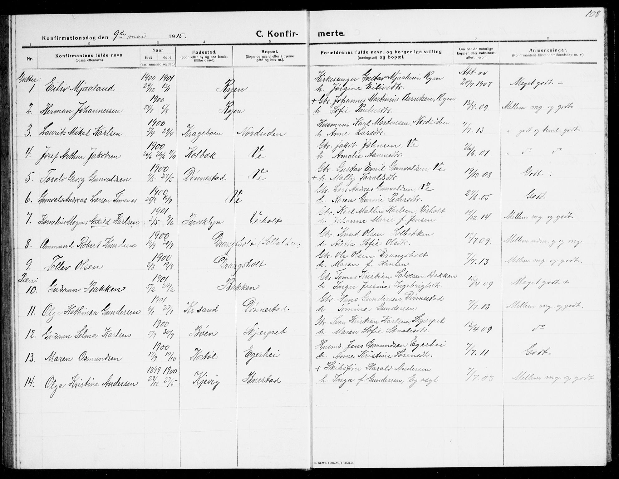 Tveit sokneprestkontor, AV/SAK-1111-0043/F/Fb/L0005: Parish register (copy) no. B 5, 1915-1941, p. 108