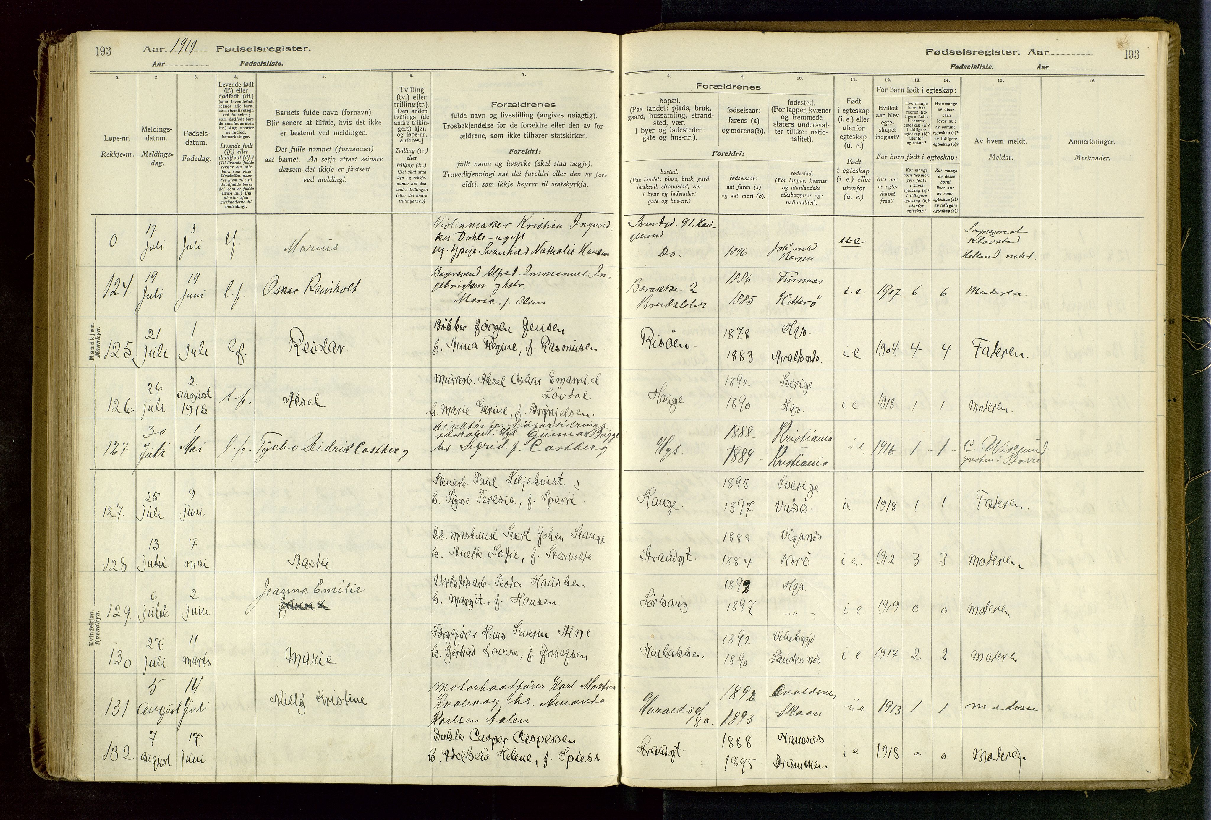 Haugesund sokneprestkontor, SAST/A -101863/I/Id/L0003: Birth register no. 1, 1916-1919, p. 193