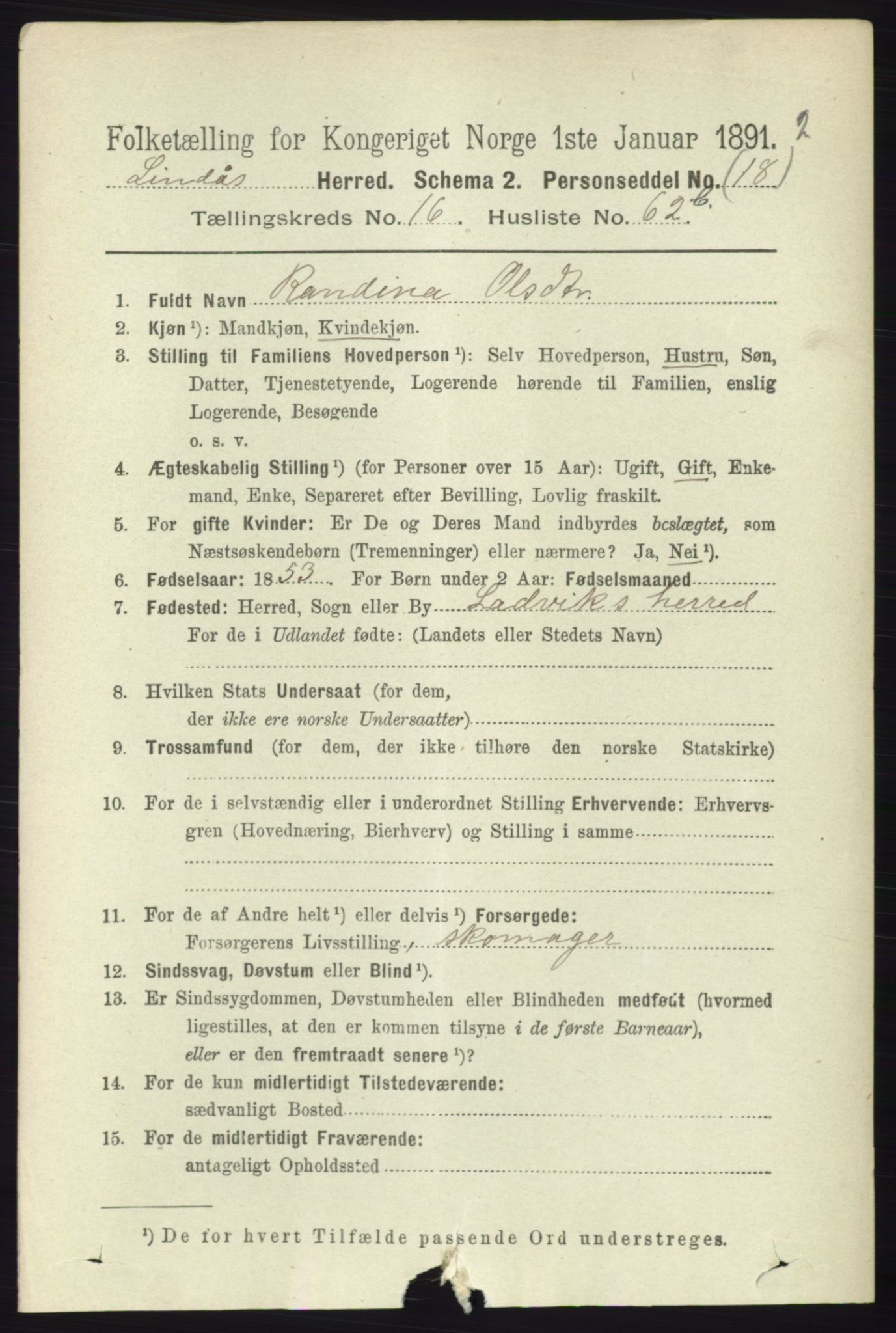 RA, 1891 census for 1263 Lindås, 1891, p. 6078