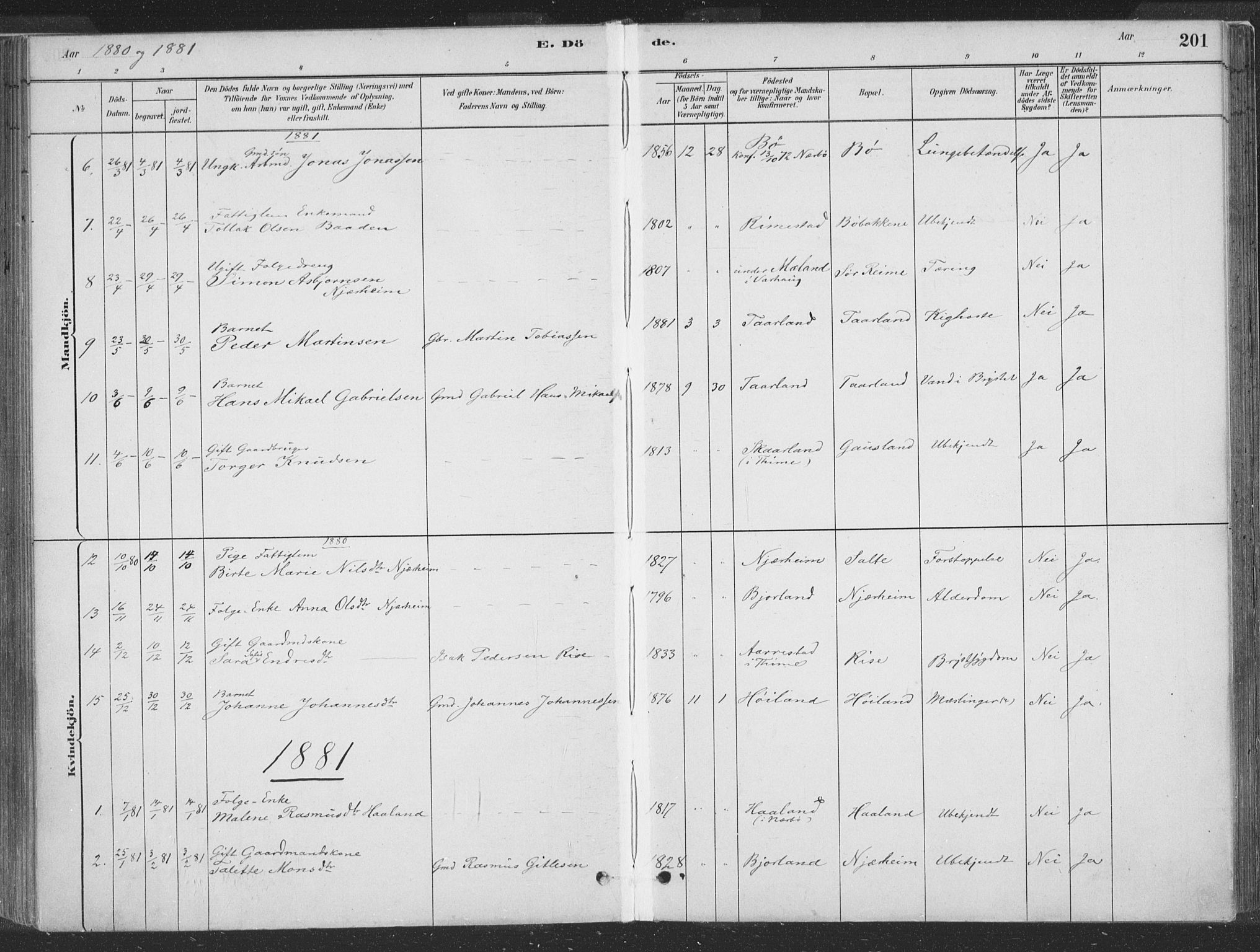 Hå sokneprestkontor, SAST/A-101801/001/30BA/L0010: Parish register (official) no. A 9, 1879-1896, p. 201