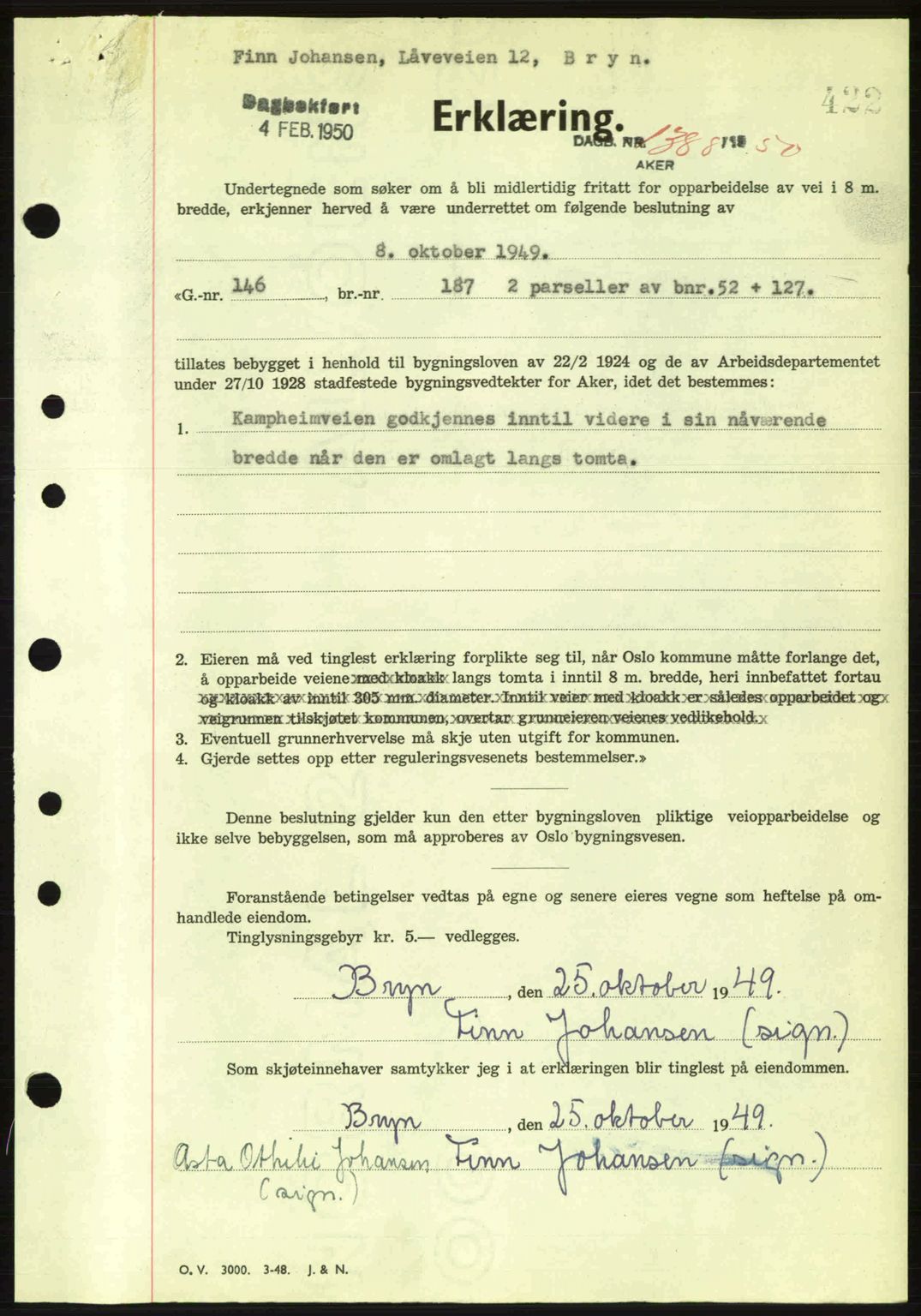 Oslo byskriverembete, AV/SAO-A-10227/G/Gb/Gbd/Gbda/L0017: Mortgage book no. A215, 1949-1950, Diary no: : 1388/1950