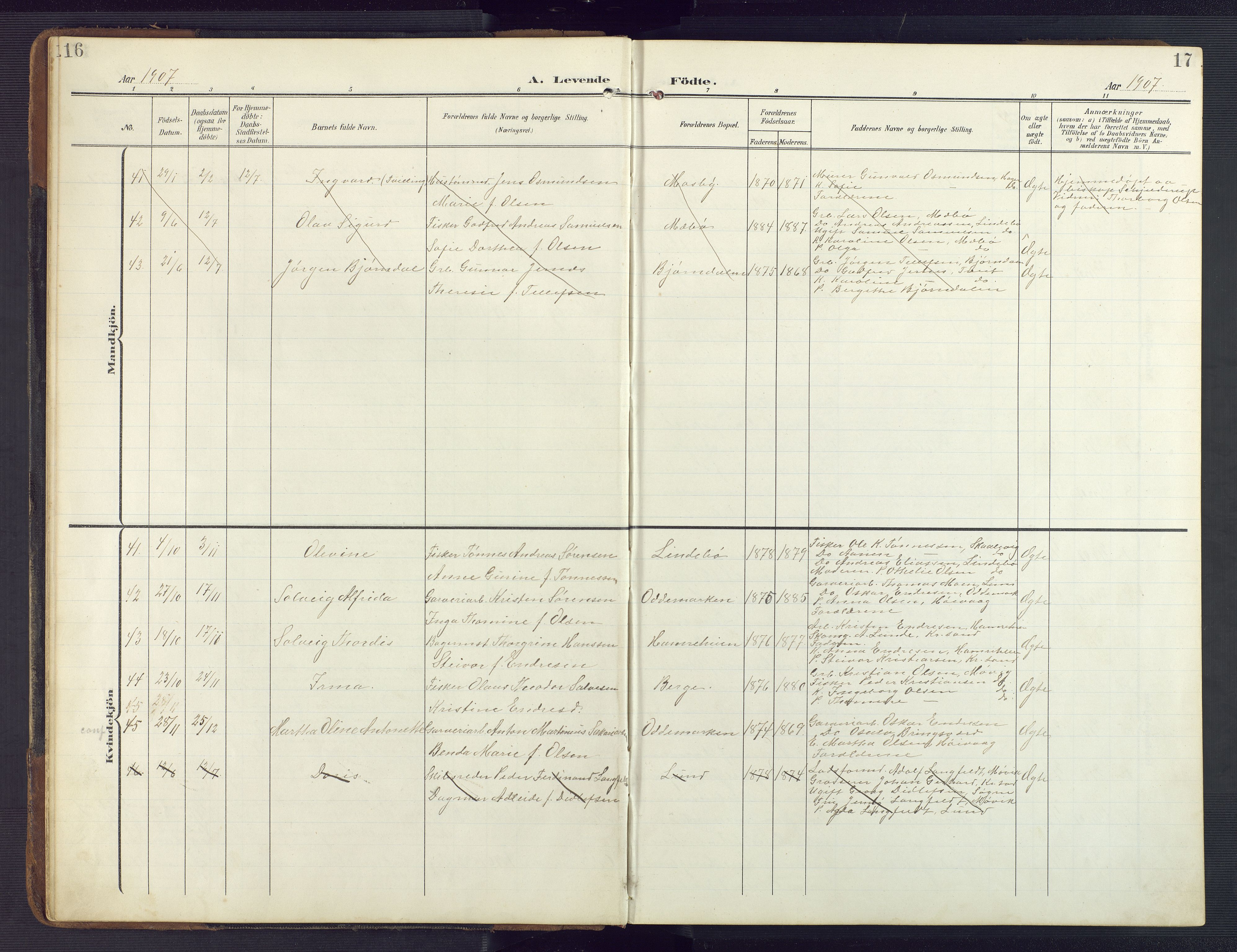 Oddernes sokneprestkontor, AV/SAK-1111-0033/F/Fb/Fba/L0010: Parish register (copy) no. B 10, 1907-1941, p. 16-17