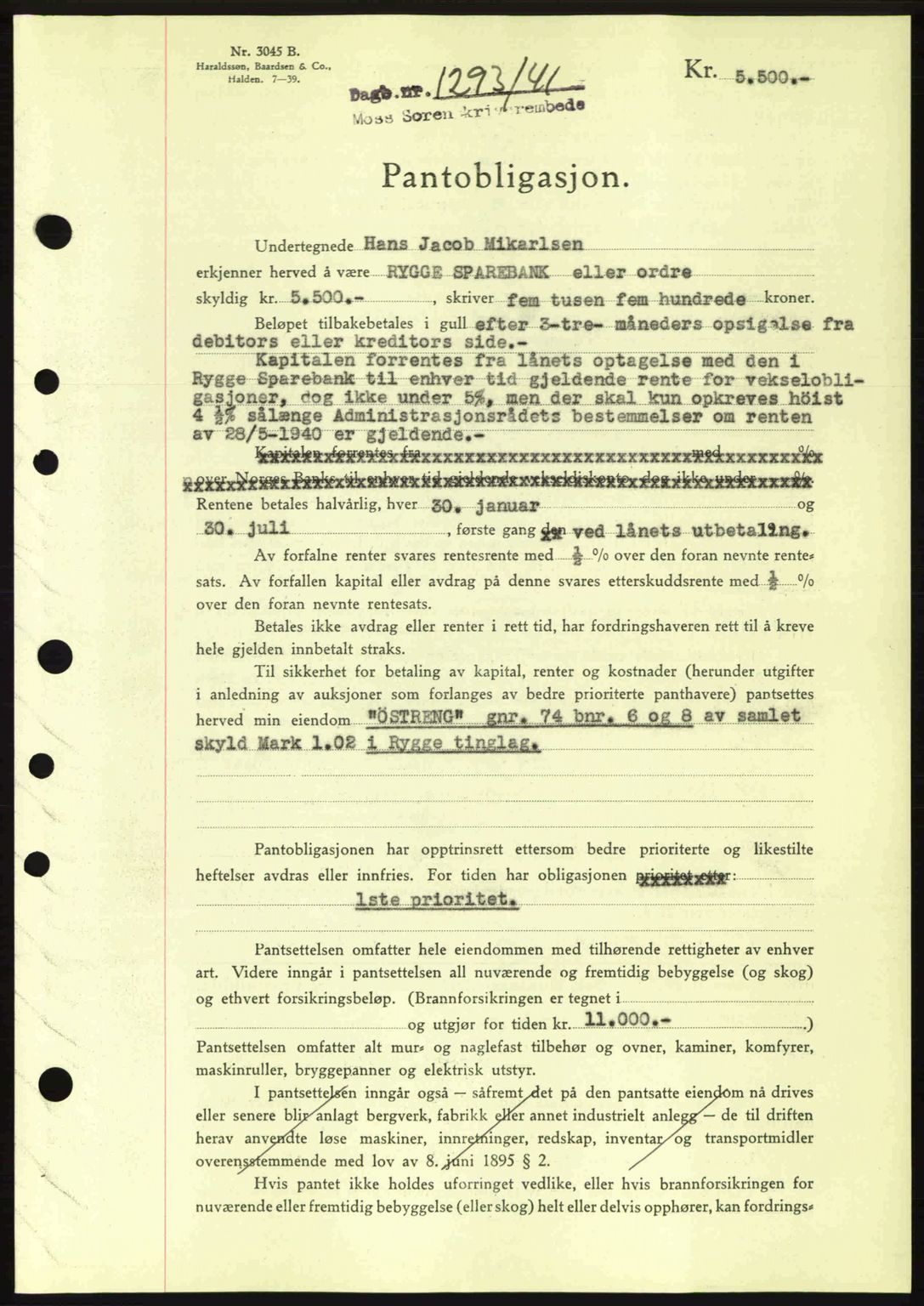 Moss sorenskriveri, SAO/A-10168: Mortgage book no. B10, 1940-1941, Diary no: : 1293/1941