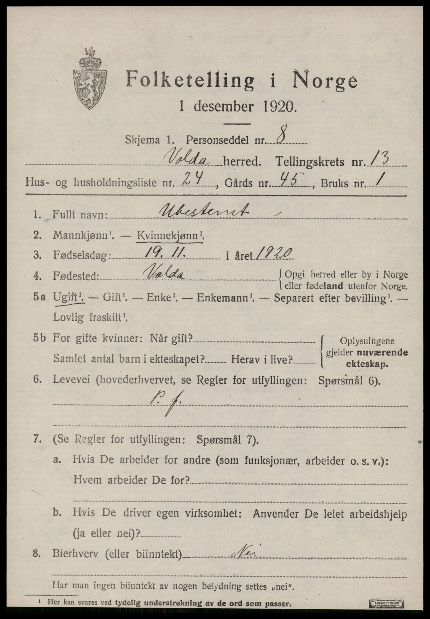 SAT, 1920 census for Volda, 1920, p. 8634