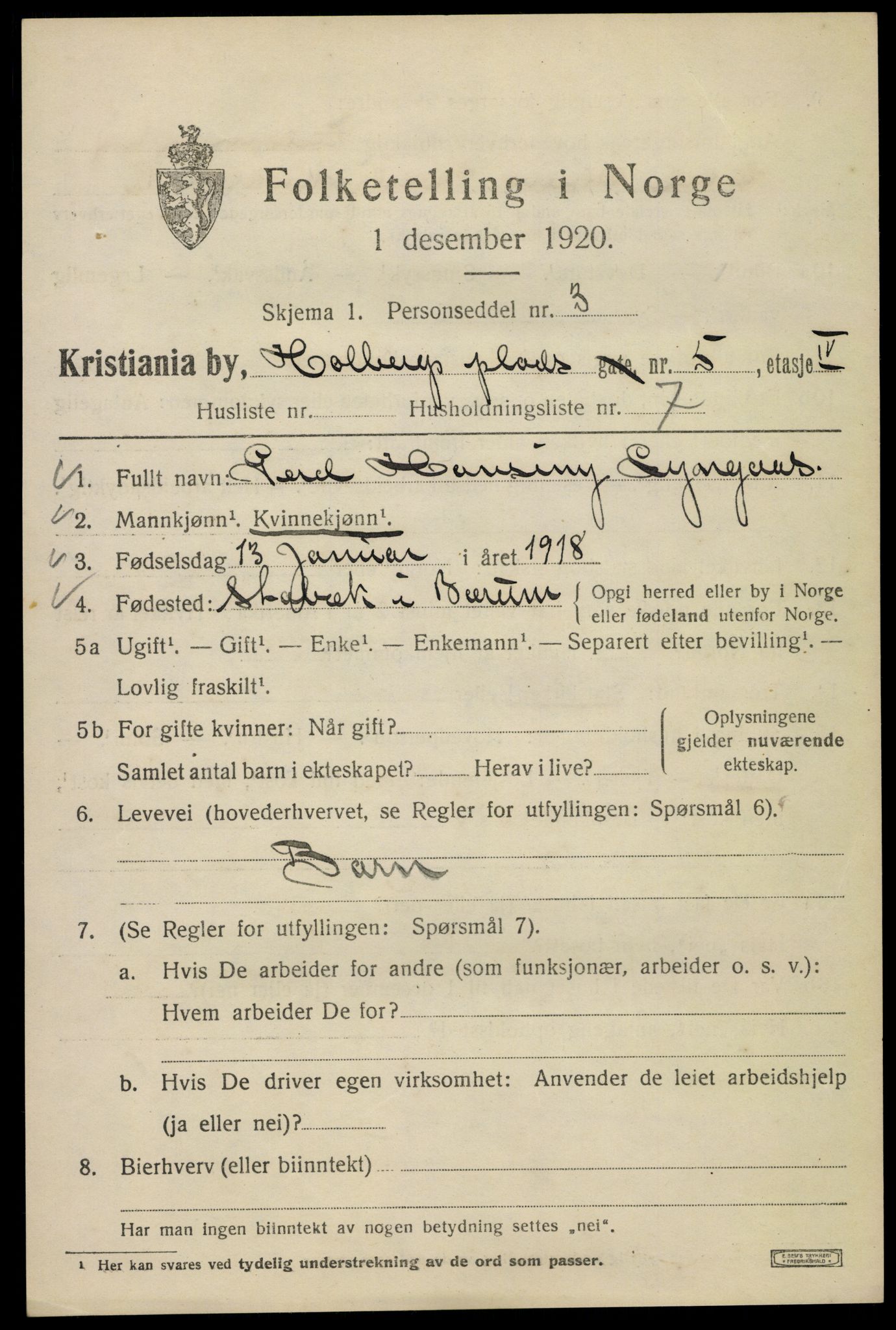 SAO, 1920 census for Kristiania, 1920, p. 295915