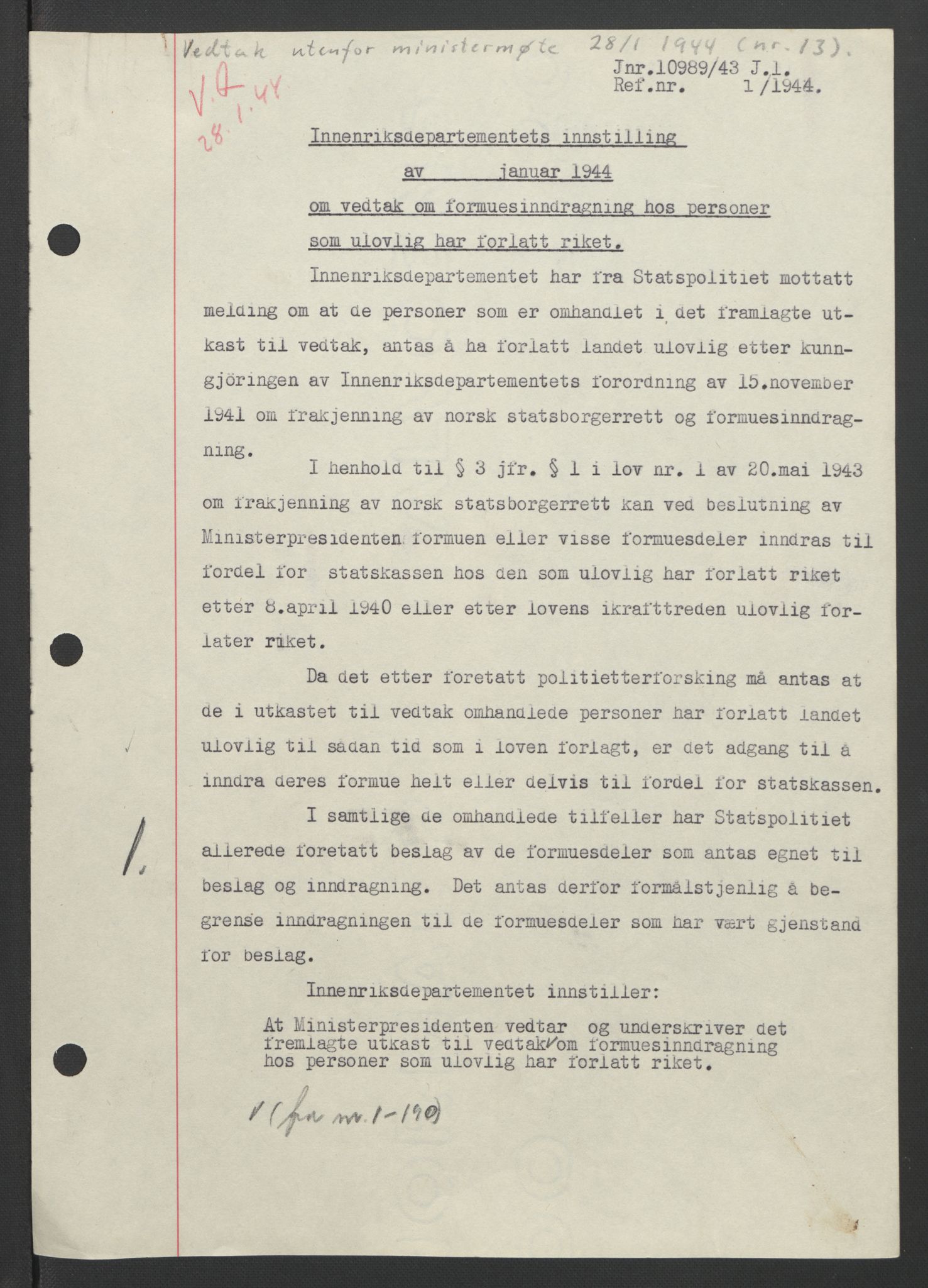 NS-administrasjonen 1940-1945 (Statsrådsekretariatet, de kommisariske statsråder mm), AV/RA-S-4279/D/Db/L0090: Foredrag til vedtak utenfor ministermøte, 1942-1945, p. 175