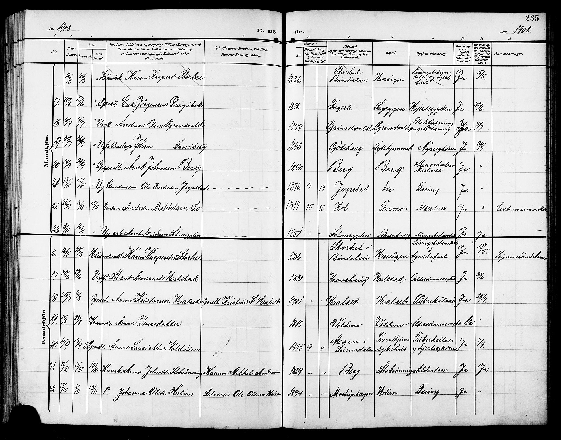 Ministerialprotokoller, klokkerbøker og fødselsregistre - Sør-Trøndelag, SAT/A-1456/672/L0864: Parish register (copy) no. 672C03, 1902-1914, p. 235
