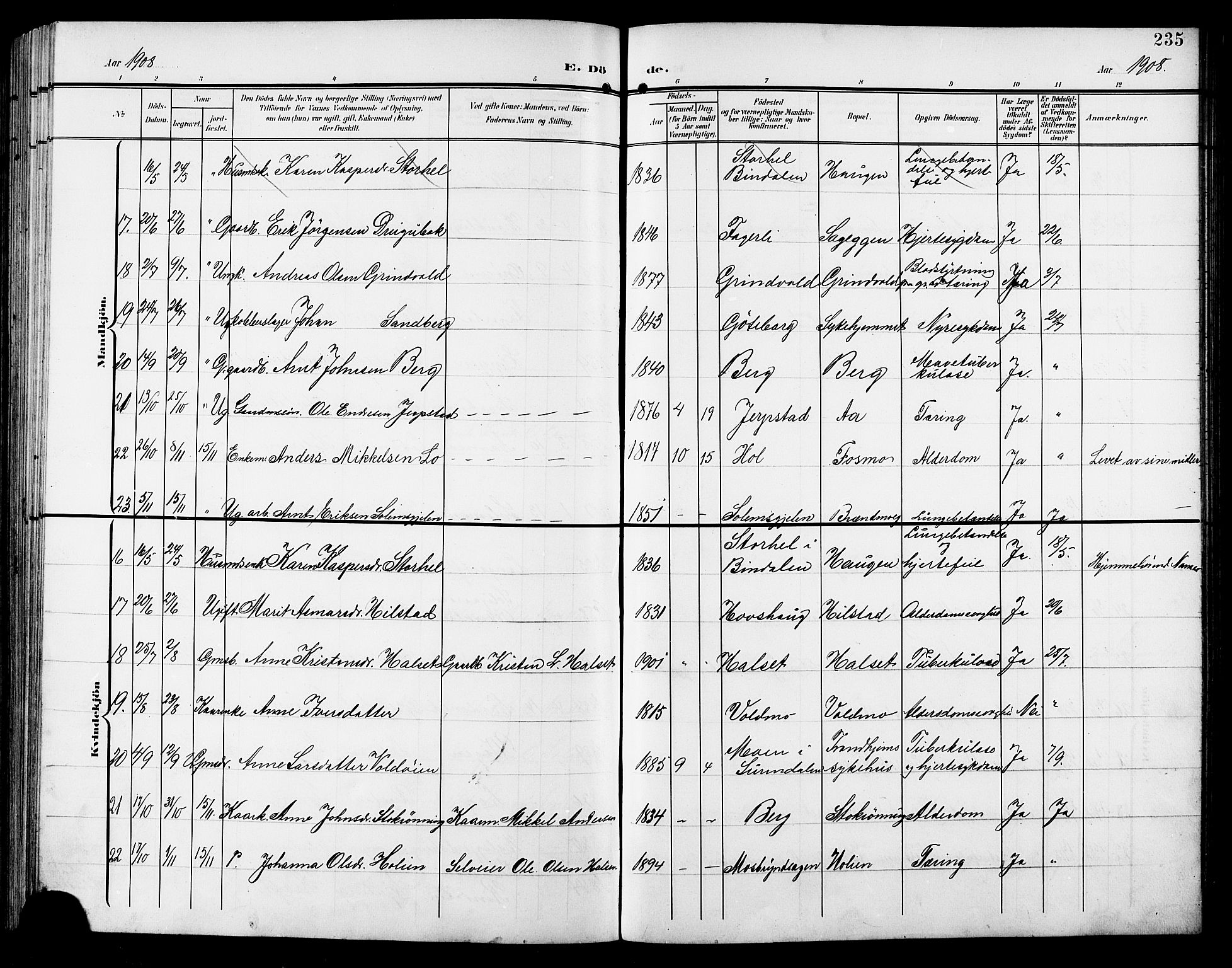 Ministerialprotokoller, klokkerbøker og fødselsregistre - Sør-Trøndelag, AV/SAT-A-1456/672/L0864: Parish register (copy) no. 672C03, 1902-1914, p. 235