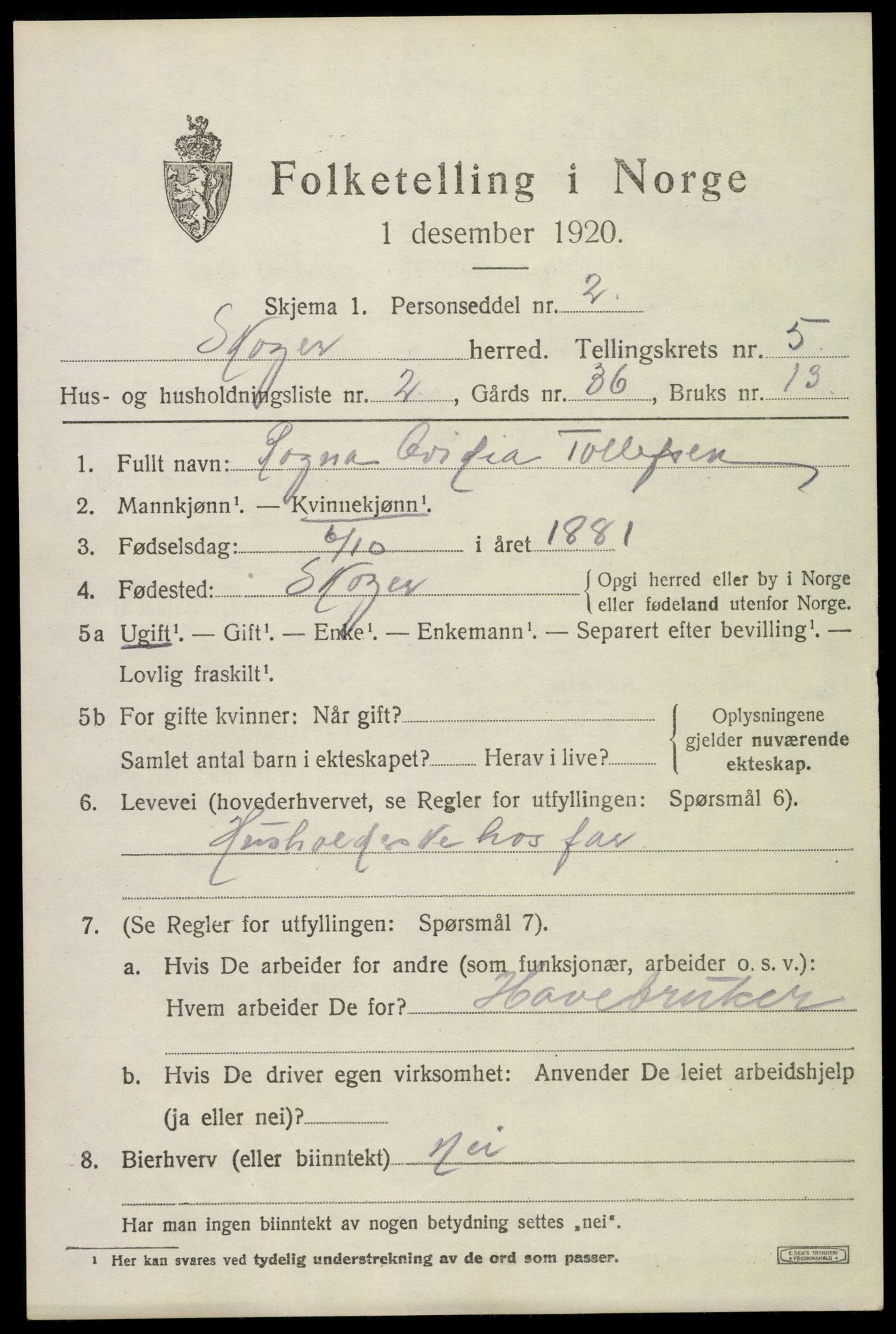 SAKO, 1920 census for Skoger, 1920, p. 10895
