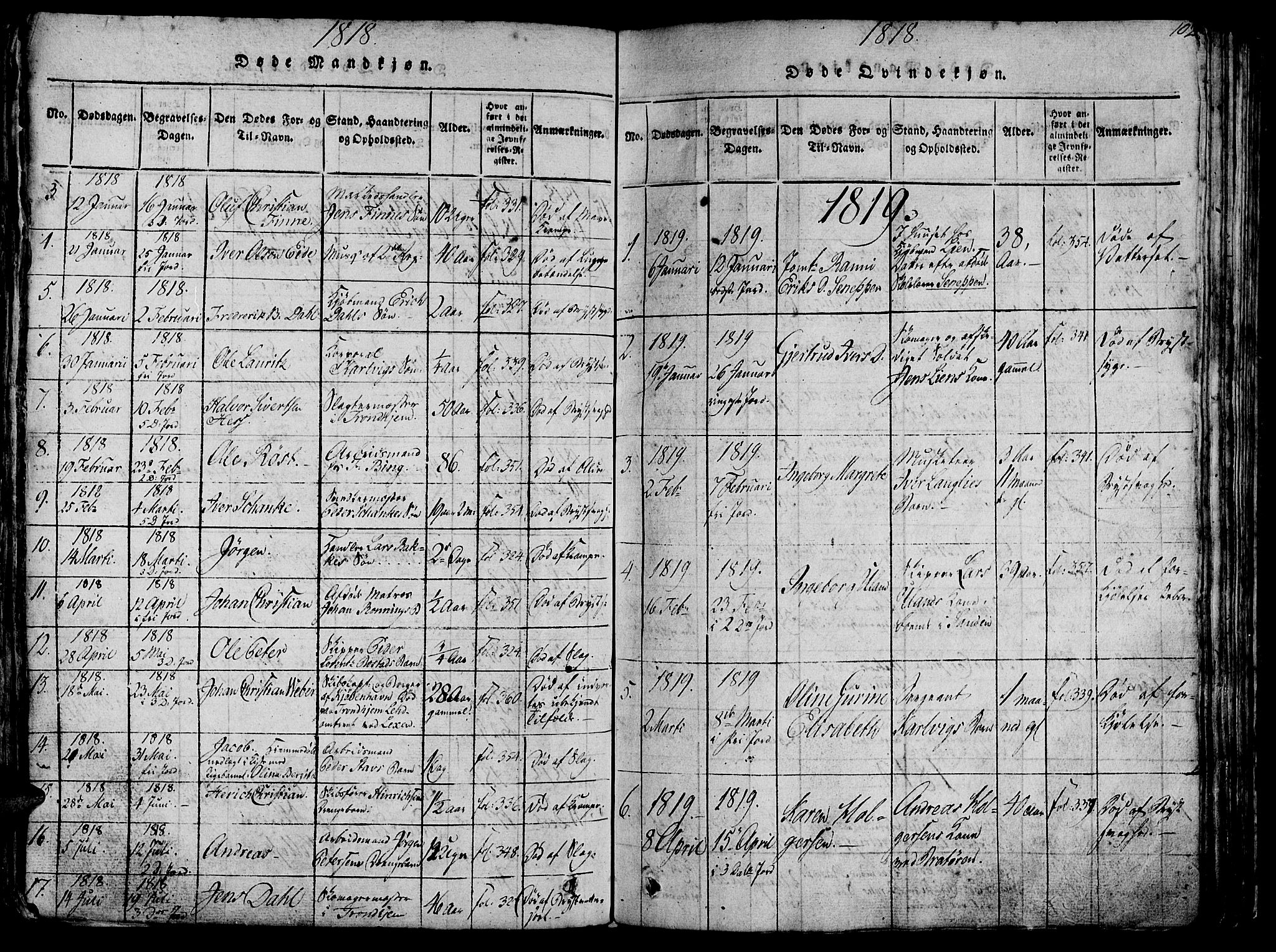 Ministerialprotokoller, klokkerbøker og fødselsregistre - Sør-Trøndelag, SAT/A-1456/602/L0135: Parish register (copy) no. 602C03, 1815-1832, p. 102