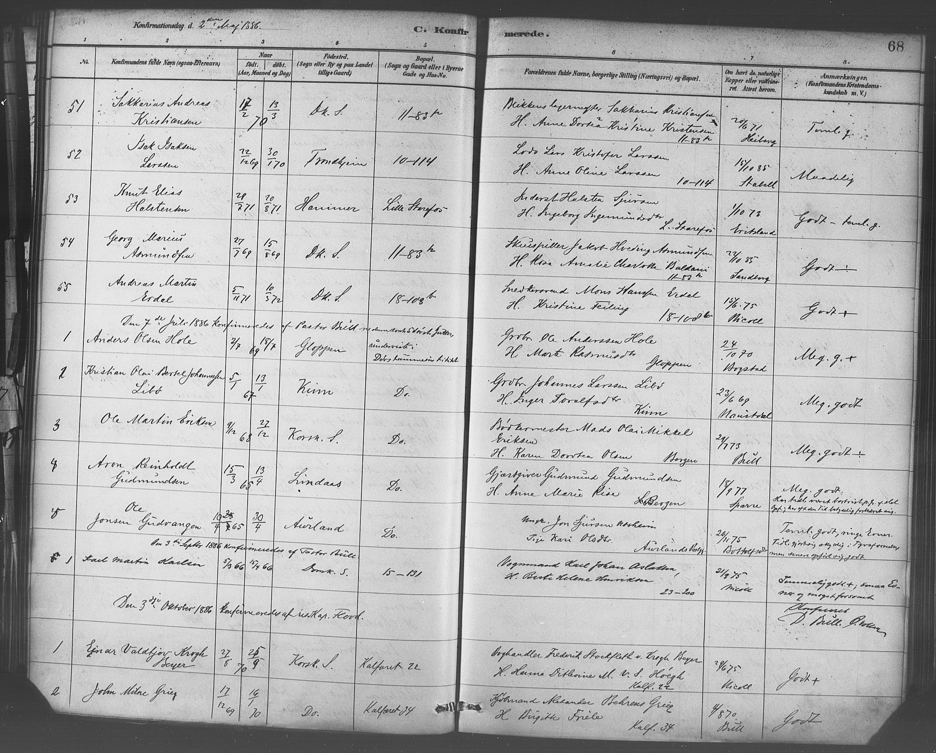 Domkirken sokneprestembete, SAB/A-74801/H/Haa/L0030: Parish register (official) no. C 5, 1880-1898, p. 68