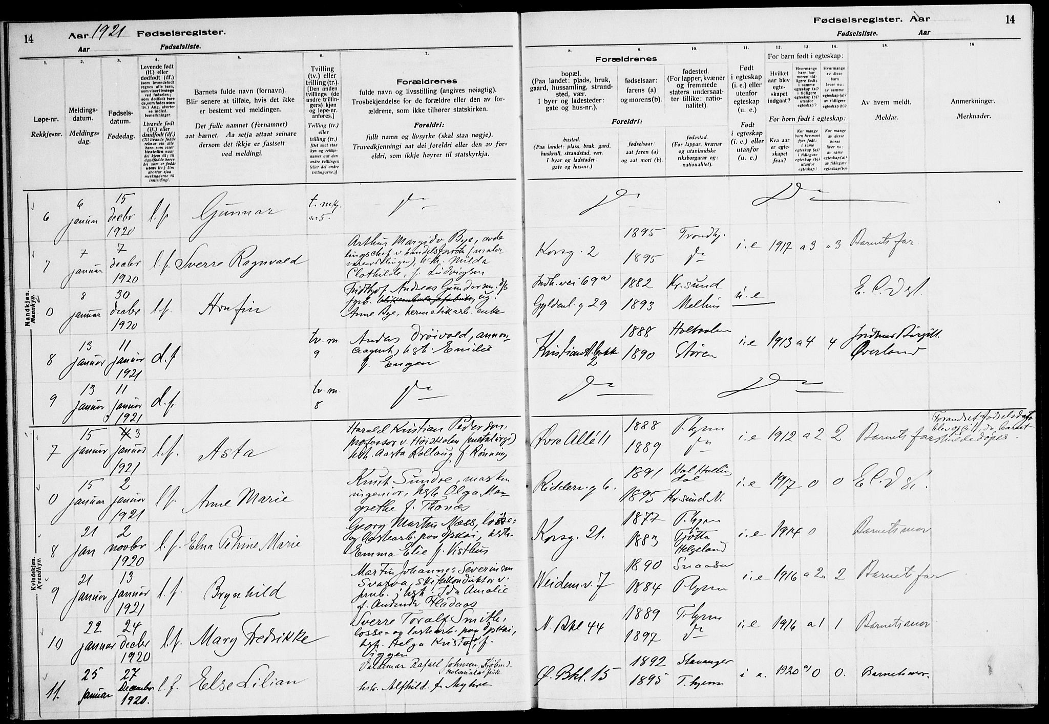 Ministerialprotokoller, klokkerbøker og fødselsregistre - Sør-Trøndelag, SAT/A-1456/604/L0233: Birth register no. 604.II.4.2, 1920-1928, p. 14