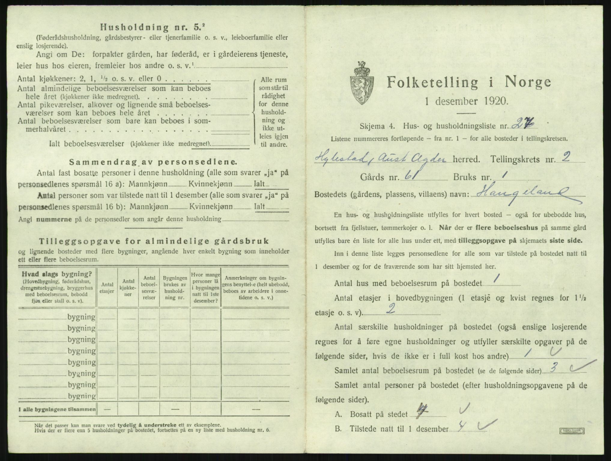 SAK, 1920 census for Hylestad, 1920, p. 120