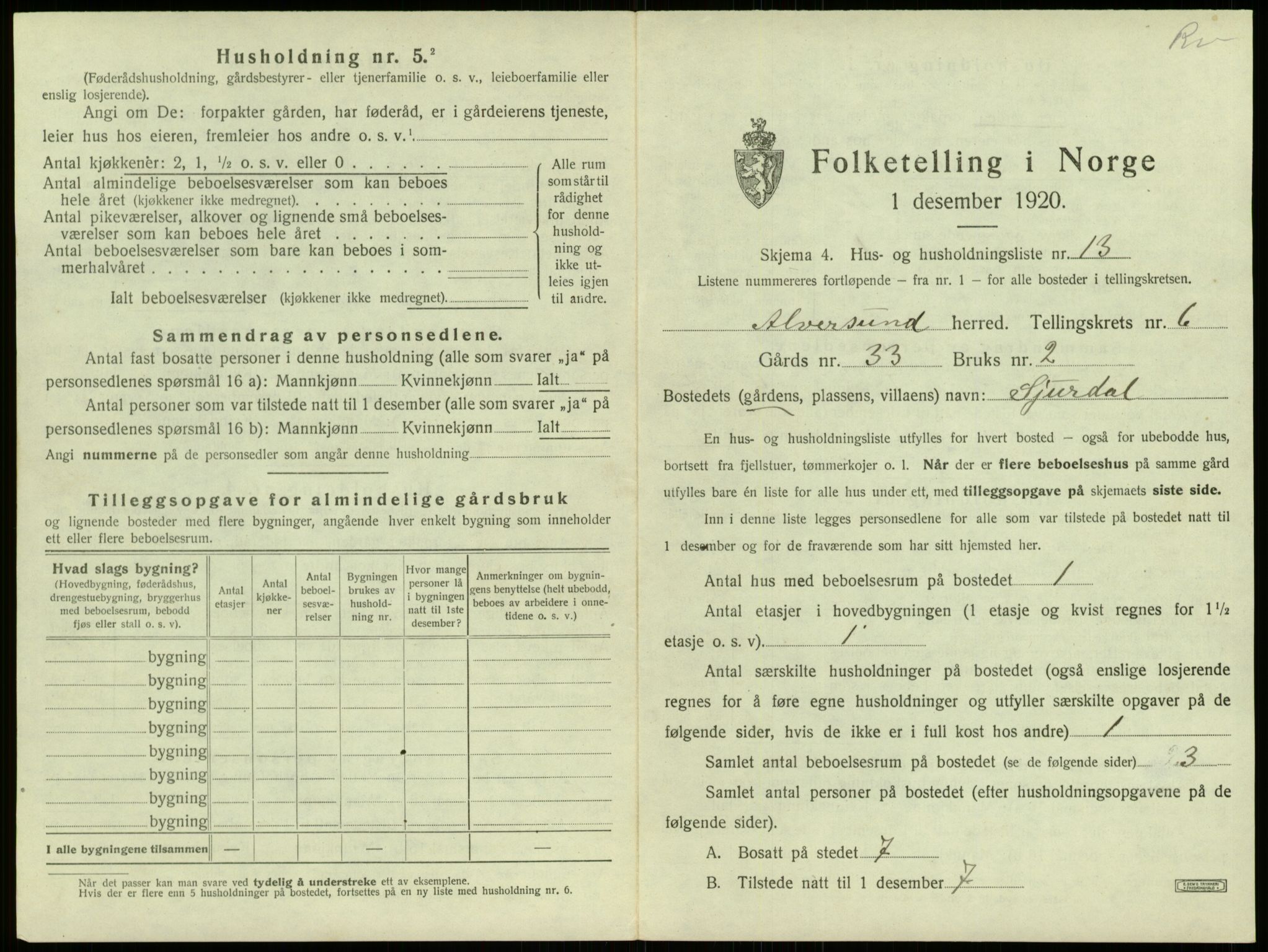 SAB, 1920 census for Alversund, 1920, p. 541